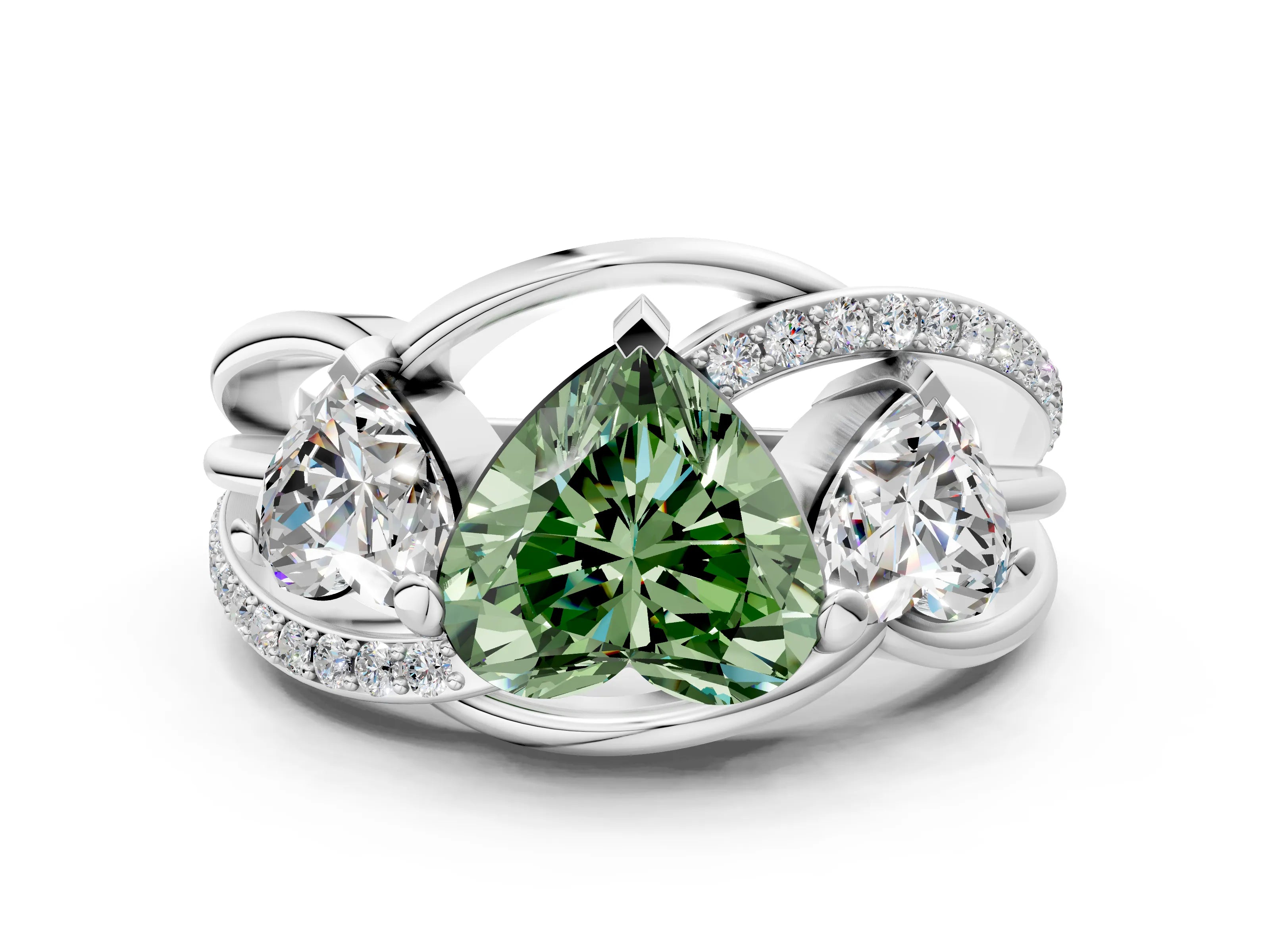 White gold Three-Stone Fancy Green Heart Cut Cut Diamond Split Shank Prong Set Ring