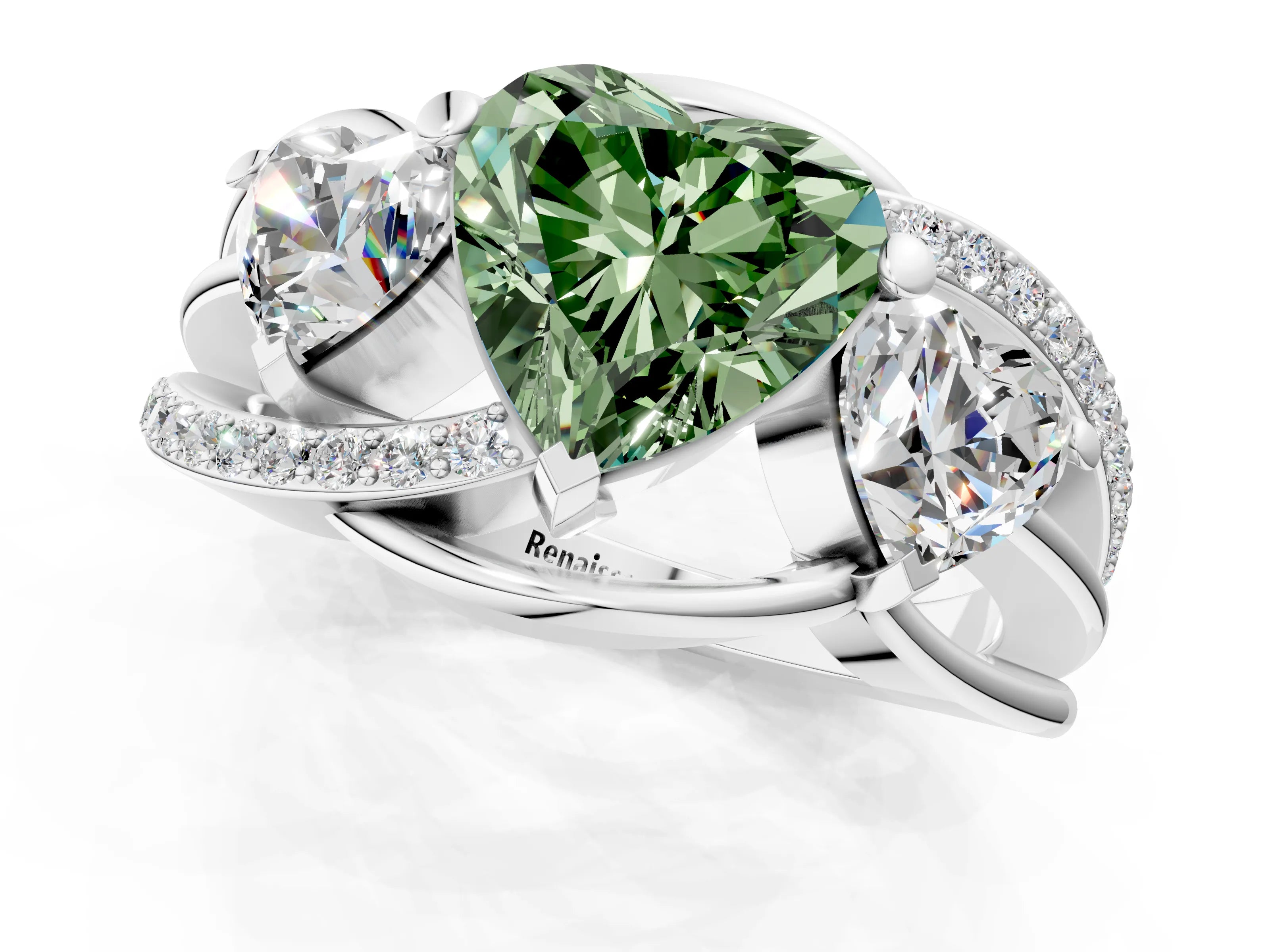 White gold Three-Stone Fancy Green Heart Cut Cut Diamond Split Shank Prong Set Ring_13