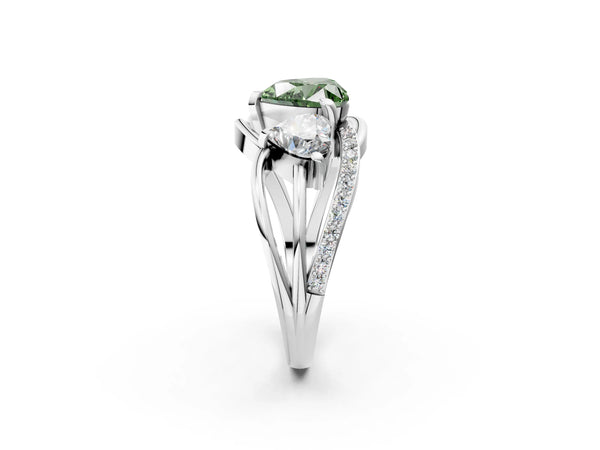 Sterling Silver Heart-Shaped Three Stone Split Shank Engagement Ring Setting for Fancy Green Center