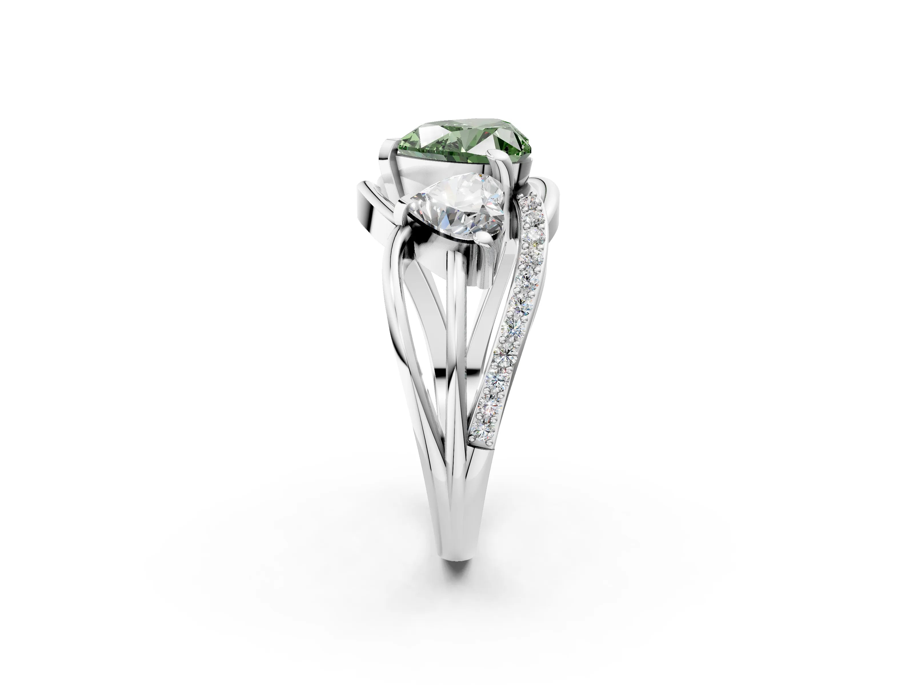 White gold Three-Stone Fancy Green Heart Cut Cut Diamond Split Shank Prong Set Ring_14