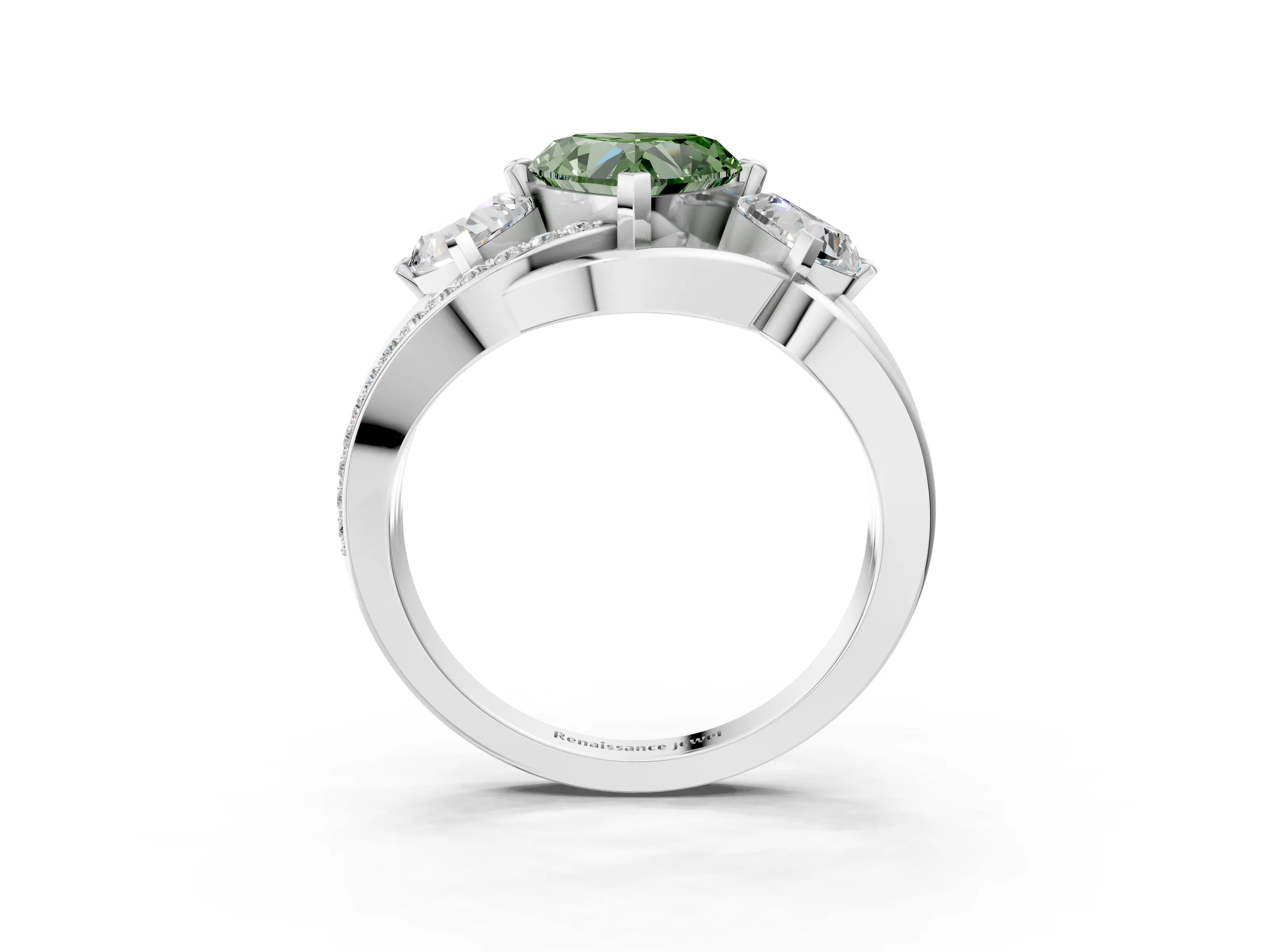White gold Three-Stone Fancy Green Heart Cut Cut Diamond Split Shank Prong Set Ring_15