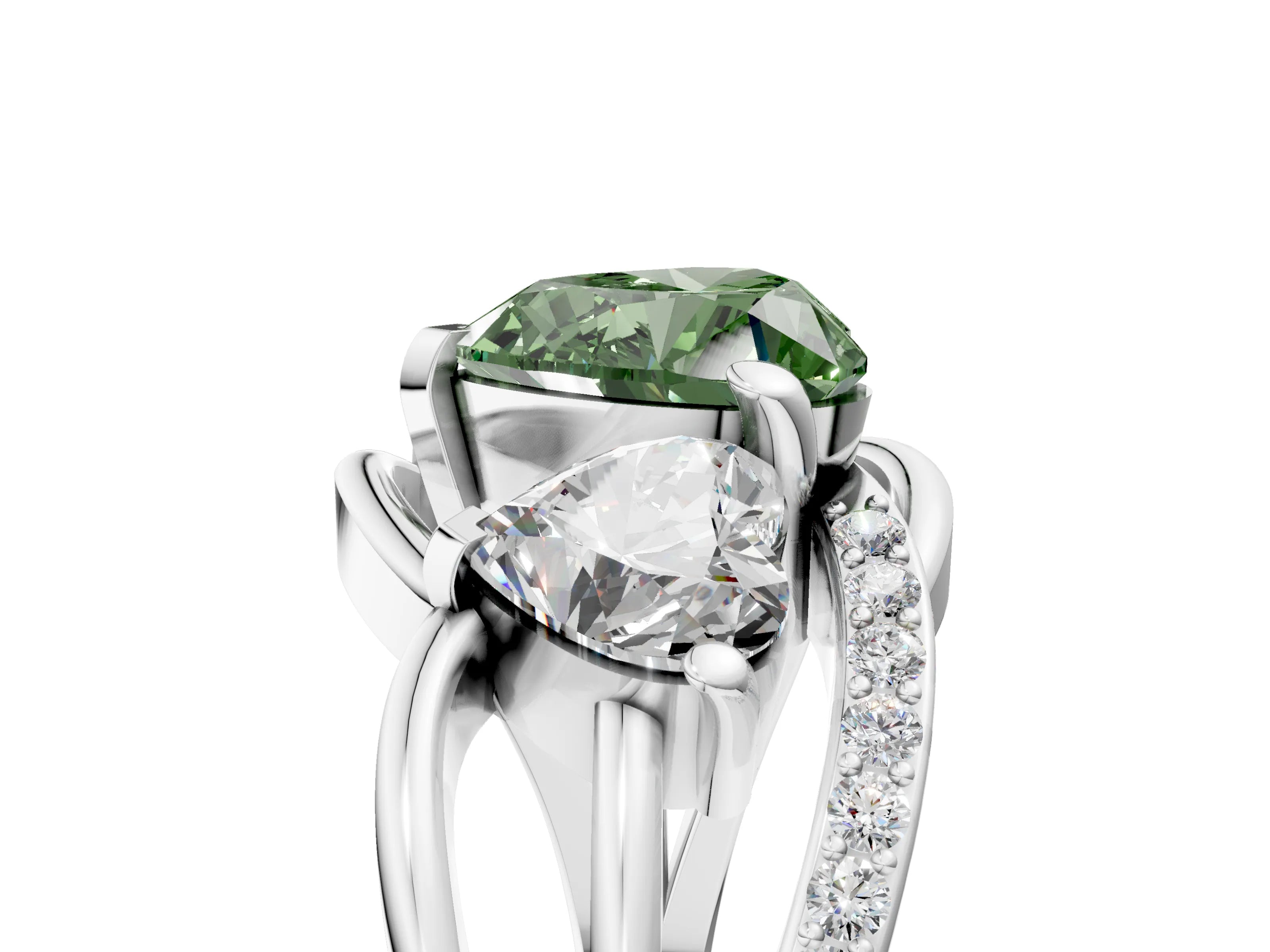 White gold Three-Stone Fancy Green Heart Cut Cut Diamond Split Shank Prong Set Ring_17