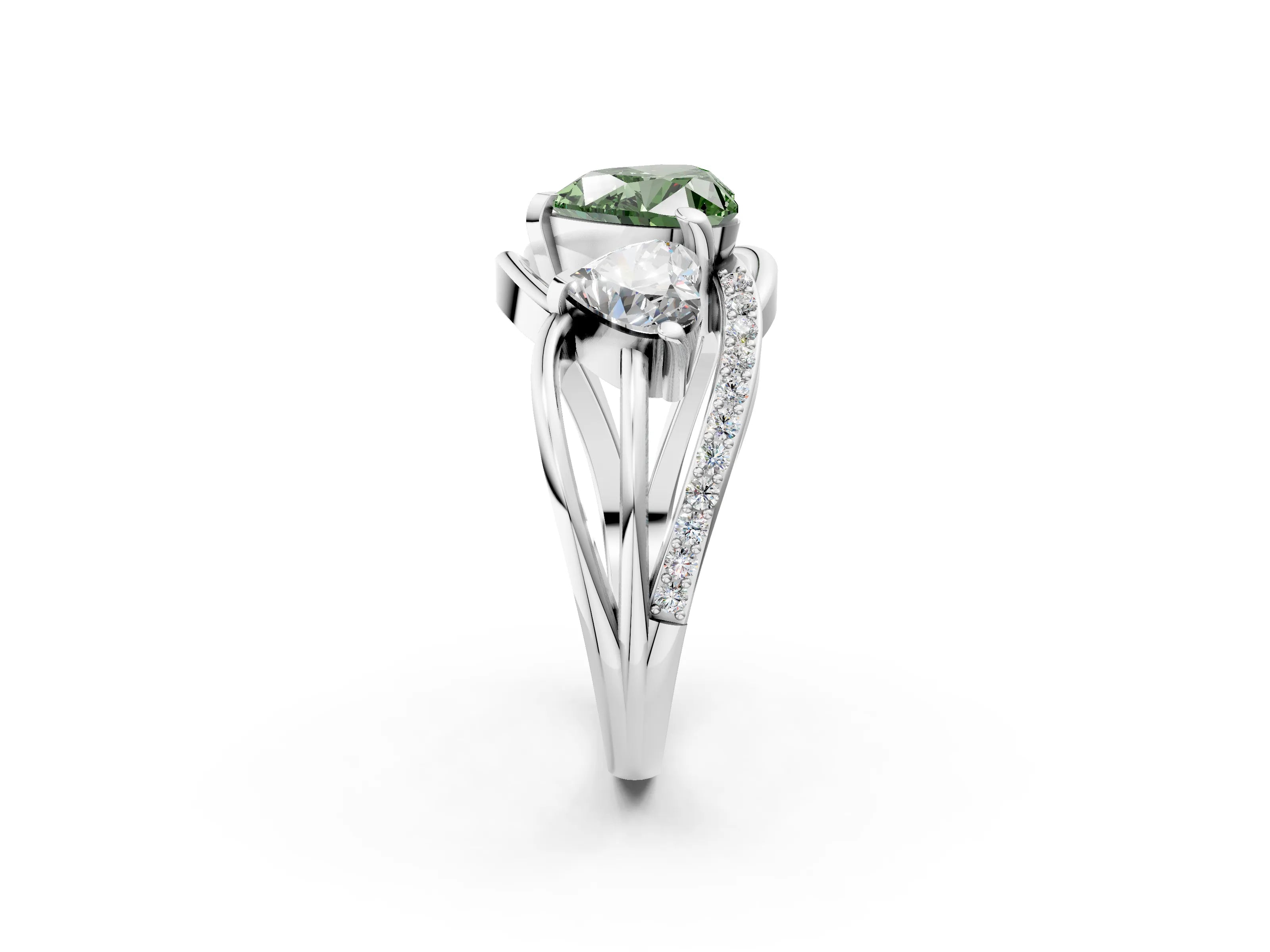 White gold Three-Stone Fancy Green Heart Cut Cut Diamond Split Shank Prong Set Ring_2