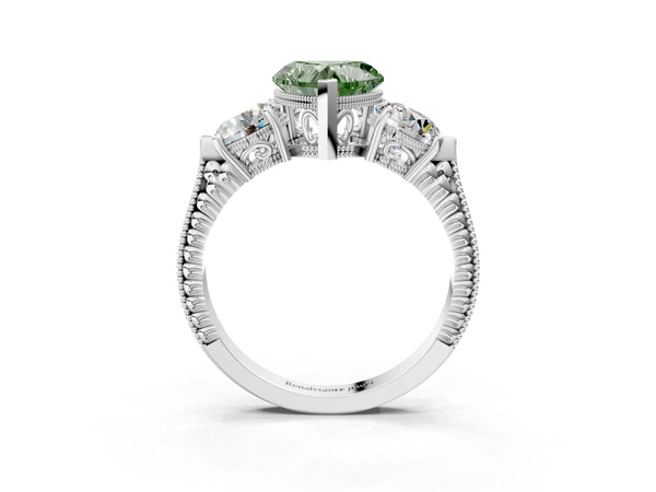 White Gold Heart-Shaped Vintage Three Stone Engagement Ring Setting for Fancy Green Center