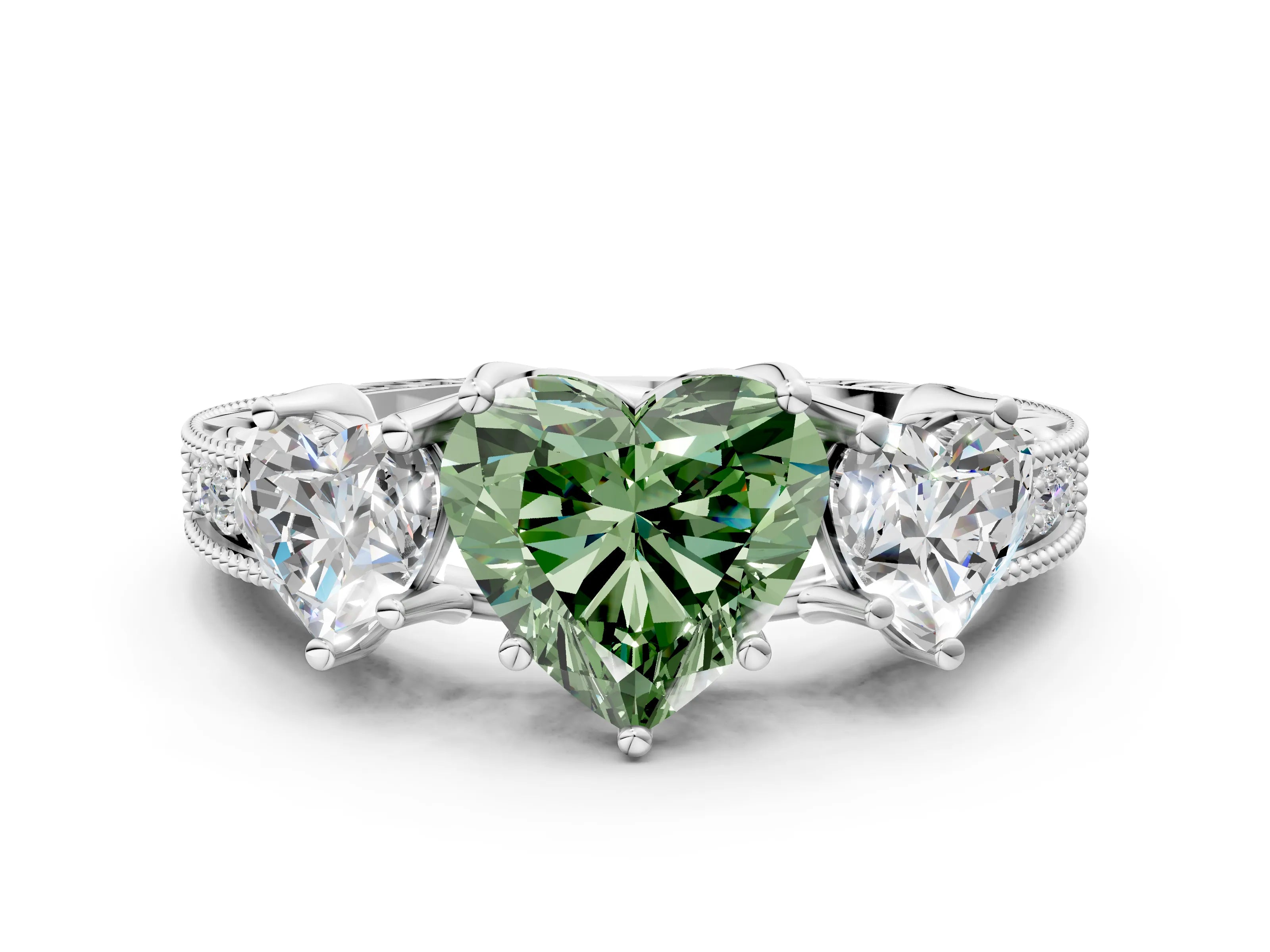 White gold Three-Stone Fancy Green Heart Cut Cut Milgrain Pavé Engagement Ring_12