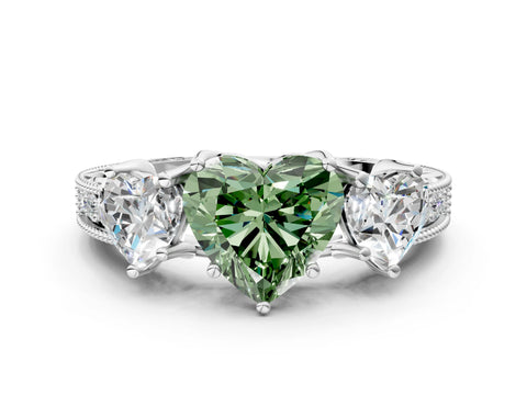 White gold Three-Stone Fancy Green Heart Cut Cut Milgrain Pavé Engagement Ring_12