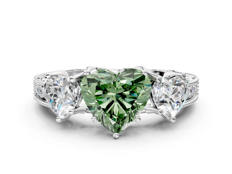 White gold Three-Stone Fancy Green Heart Cut Cut Milgrain Pavé Engagement Ring_12