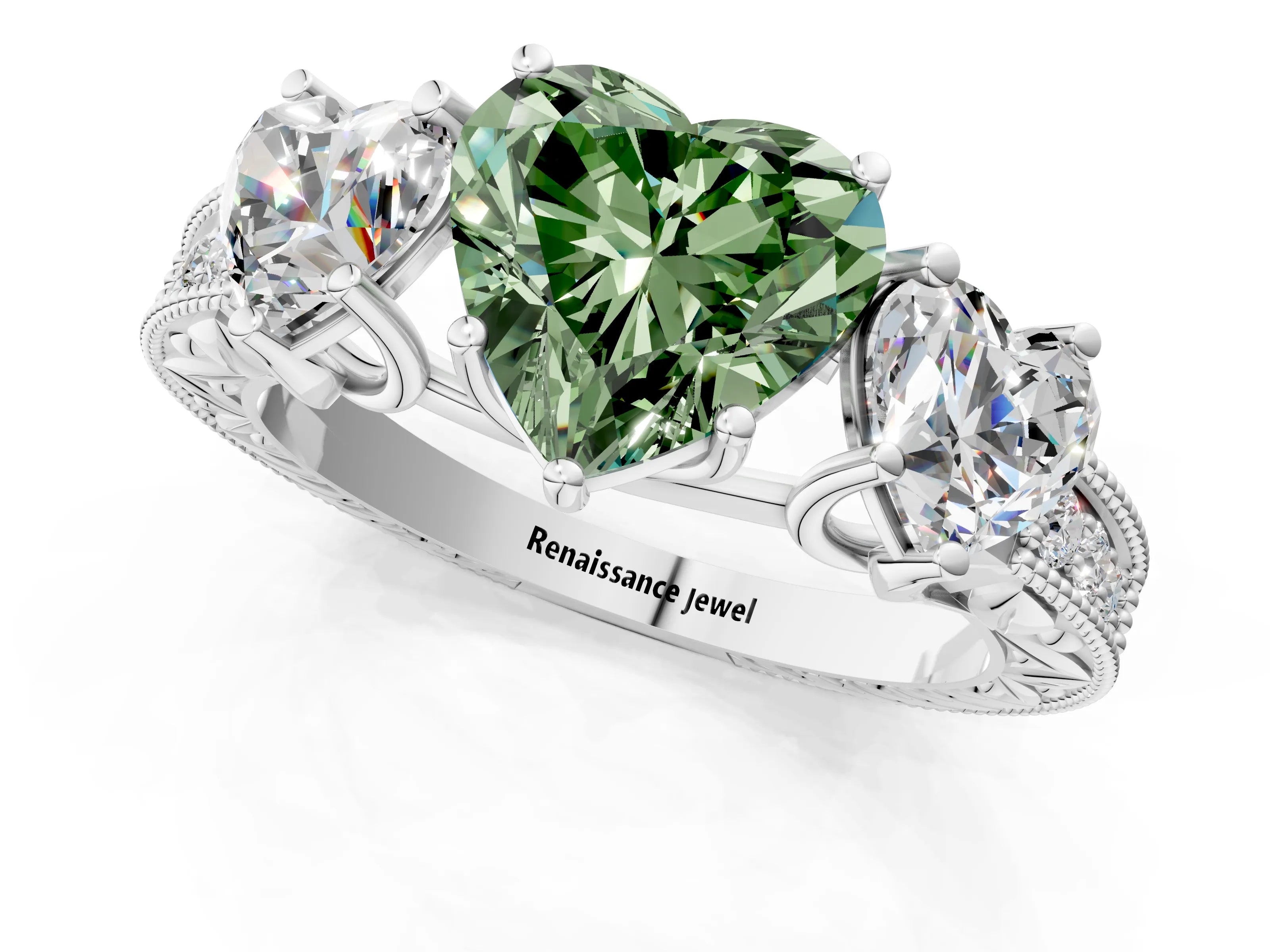 White gold Three-Stone Fancy Green Heart Cut Cut Milgrain Pavé Engagement Ring_13