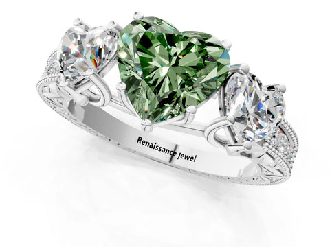 White gold Three-Stone Fancy Green Heart Cut Cut Milgrain Pavé Engagement Ring_13