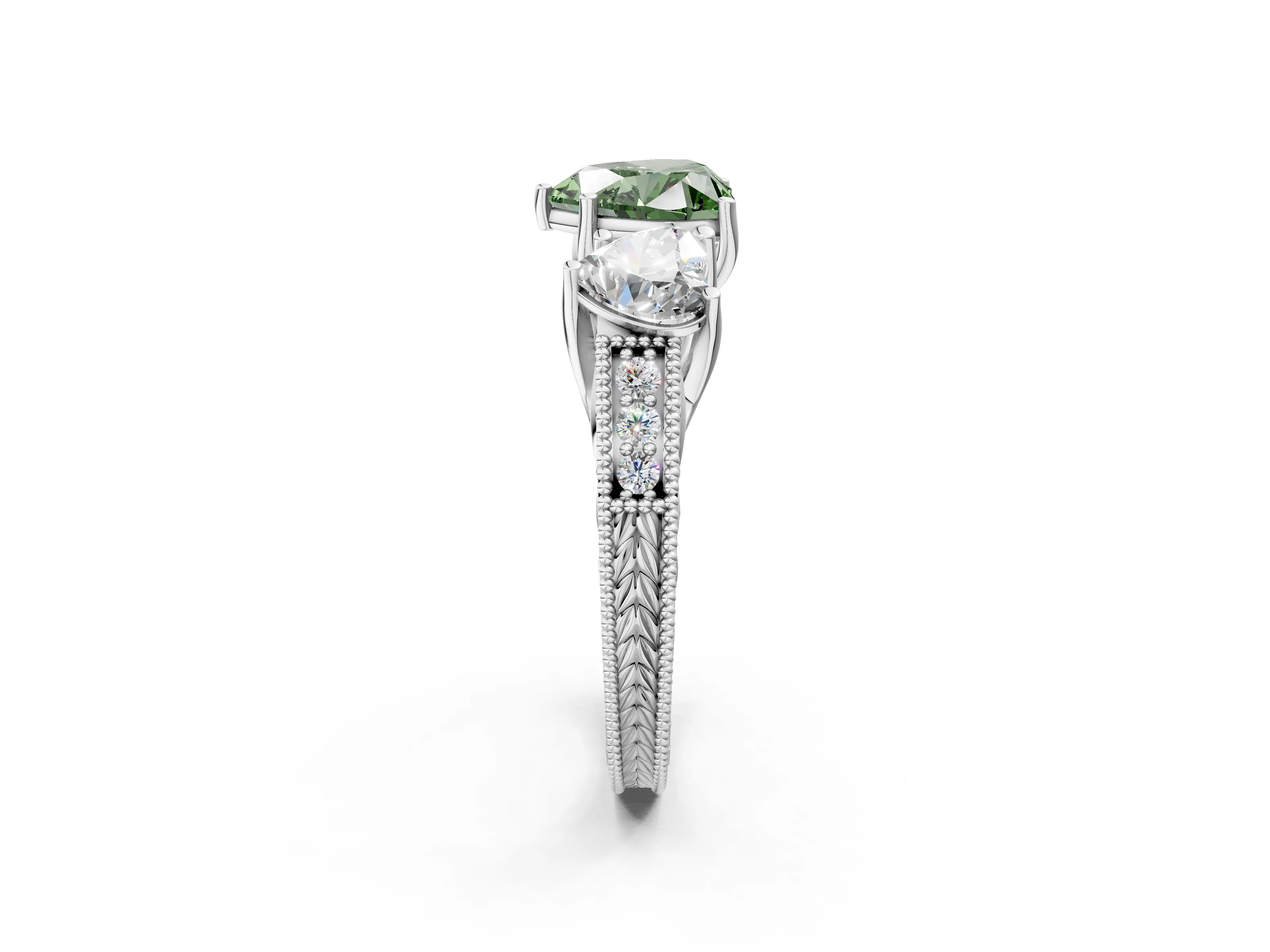 White gold Three-Stone Fancy Green Heart Cut Cut Milgrain Pavé Engagement Ring_14
