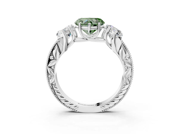 White gold Three-Stone Fancy Green Heart Cut Cut Milgrain Pavé Engagement Ring