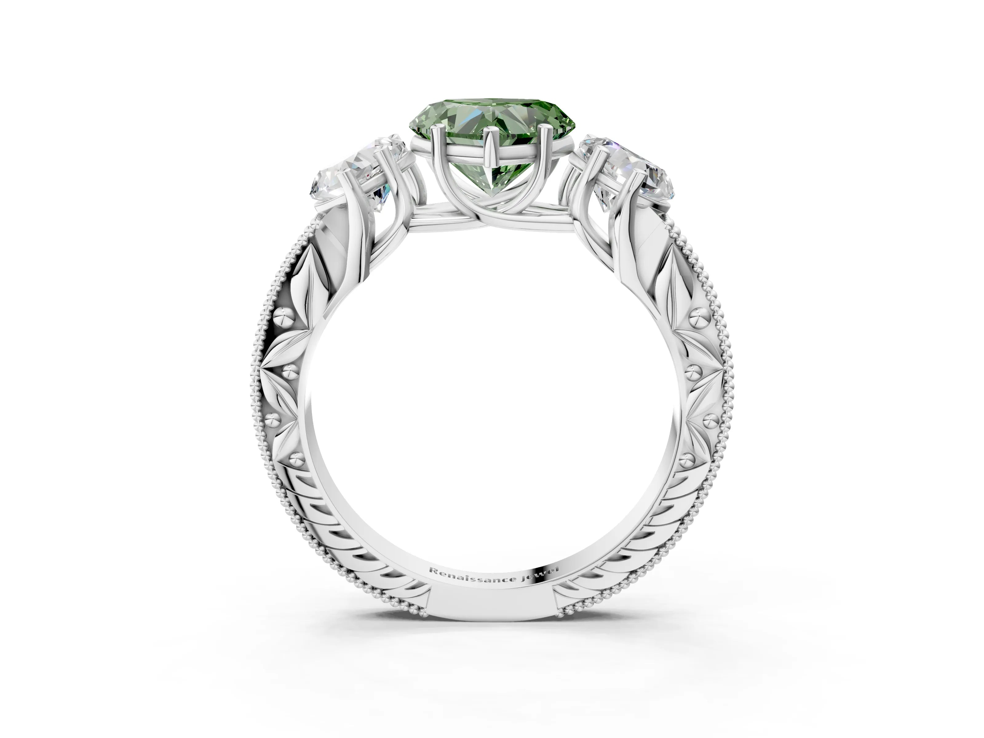 White gold Three-Stone Fancy Green Heart Cut Cut Milgrain Pavé Engagement Ring_15