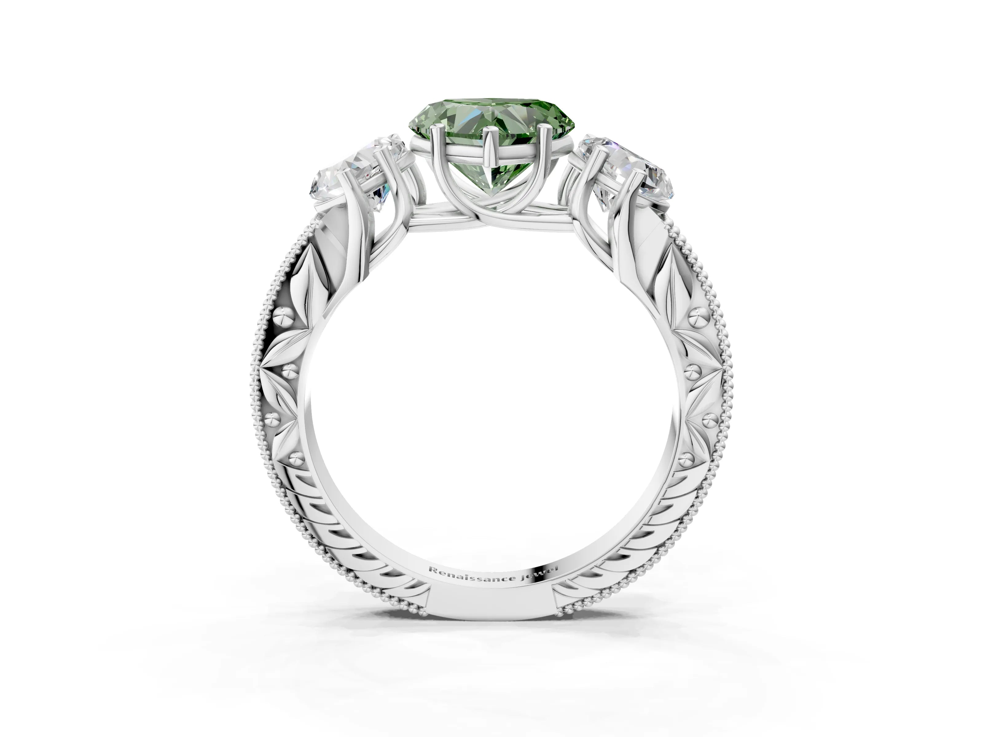 White gold Three-Stone Fancy Green Heart Cut Cut Milgrain Pavé Engagement Ring_15