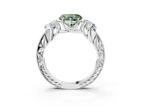 White gold Three-Stone Fancy Green Heart Cut Cut Milgrain Pavé Engagement Ring_15