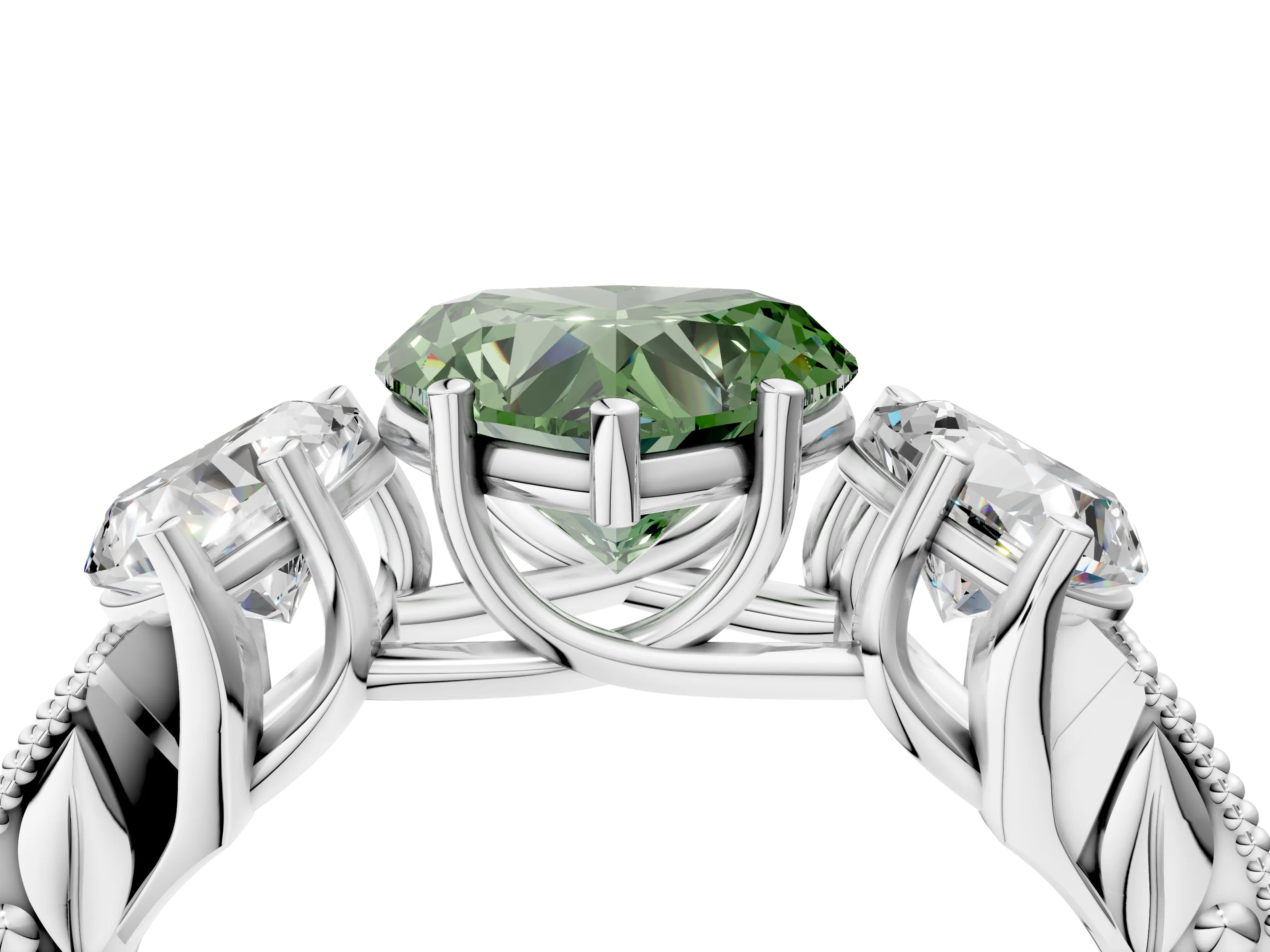 White gold Three-Stone Fancy Green Heart Cut Cut Milgrain Pavé Engagement Ring_16