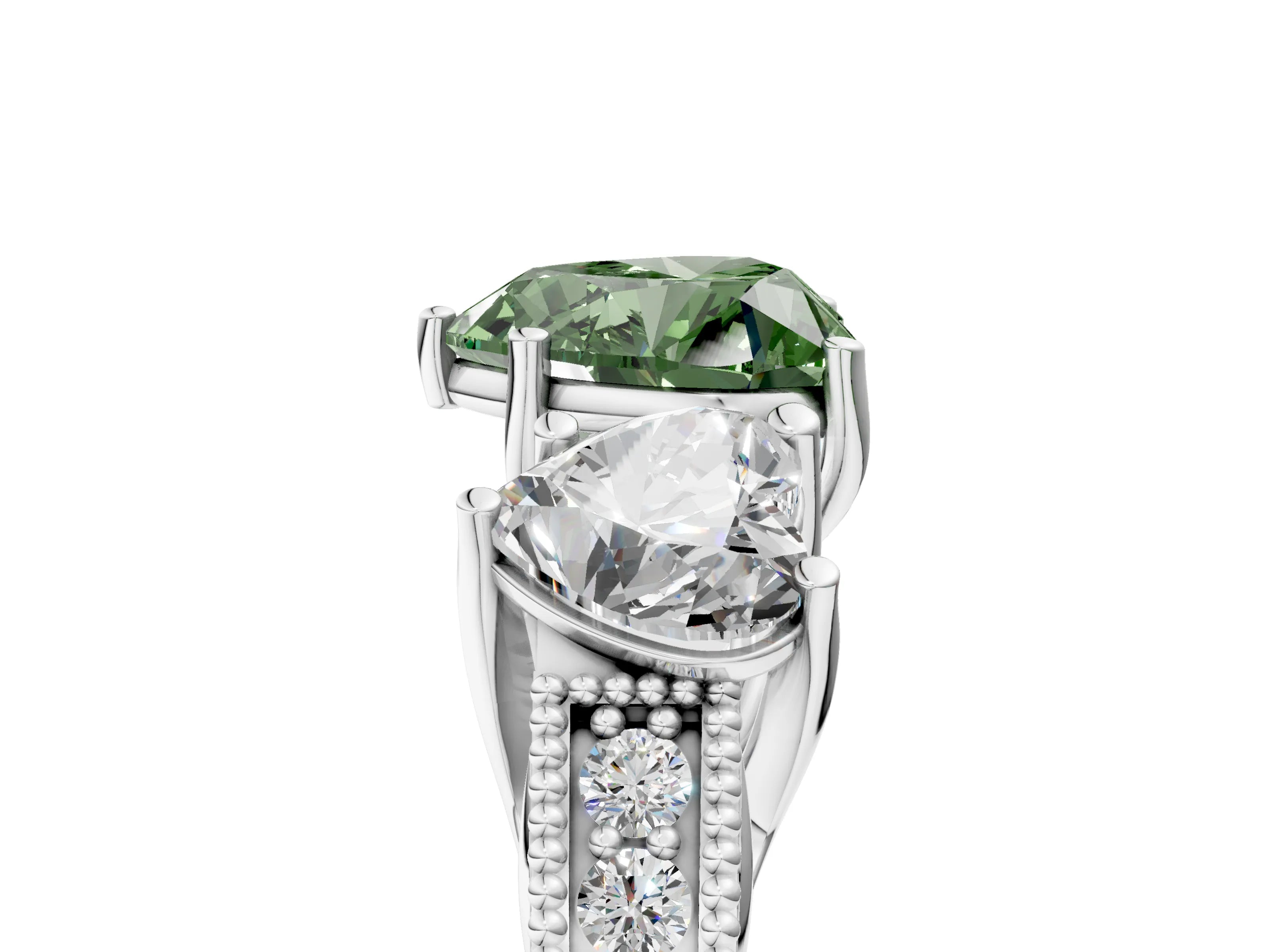 White gold Three-Stone Fancy Green Heart Cut Cut Milgrain Pavé Engagement Ring_17