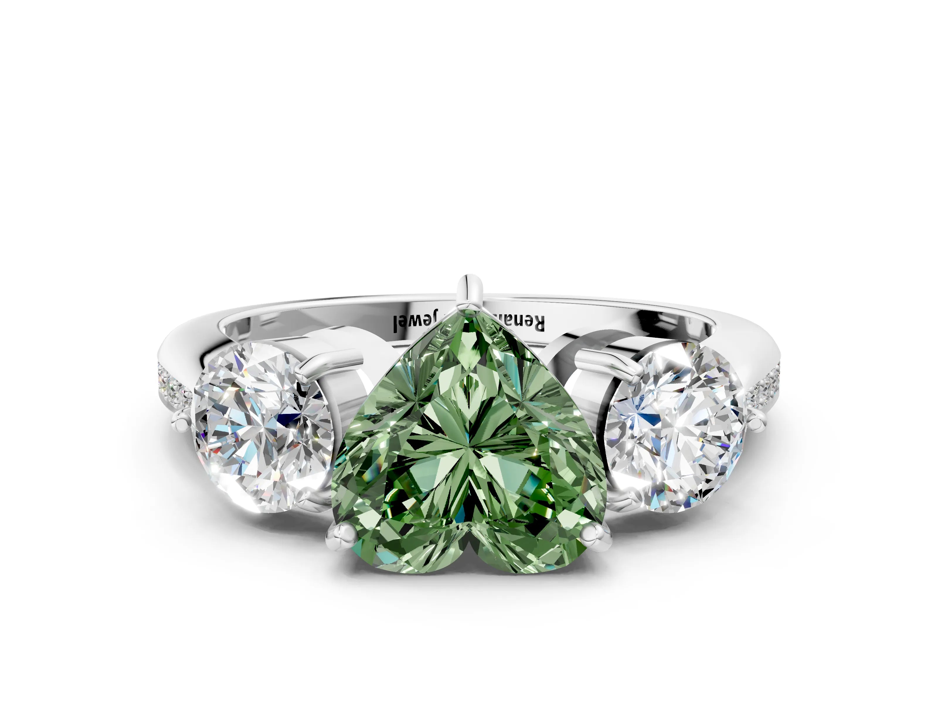 White gold Three-Stone Fancy Green Heart Cut Diamond Channel Set Engagement Ring with Prong Setting_12