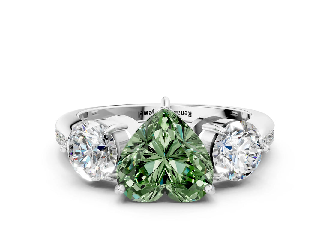 White gold Three-Stone Fancy Green Heart Cut Diamond Channel Set Engagement Ring with Prong Setting_12