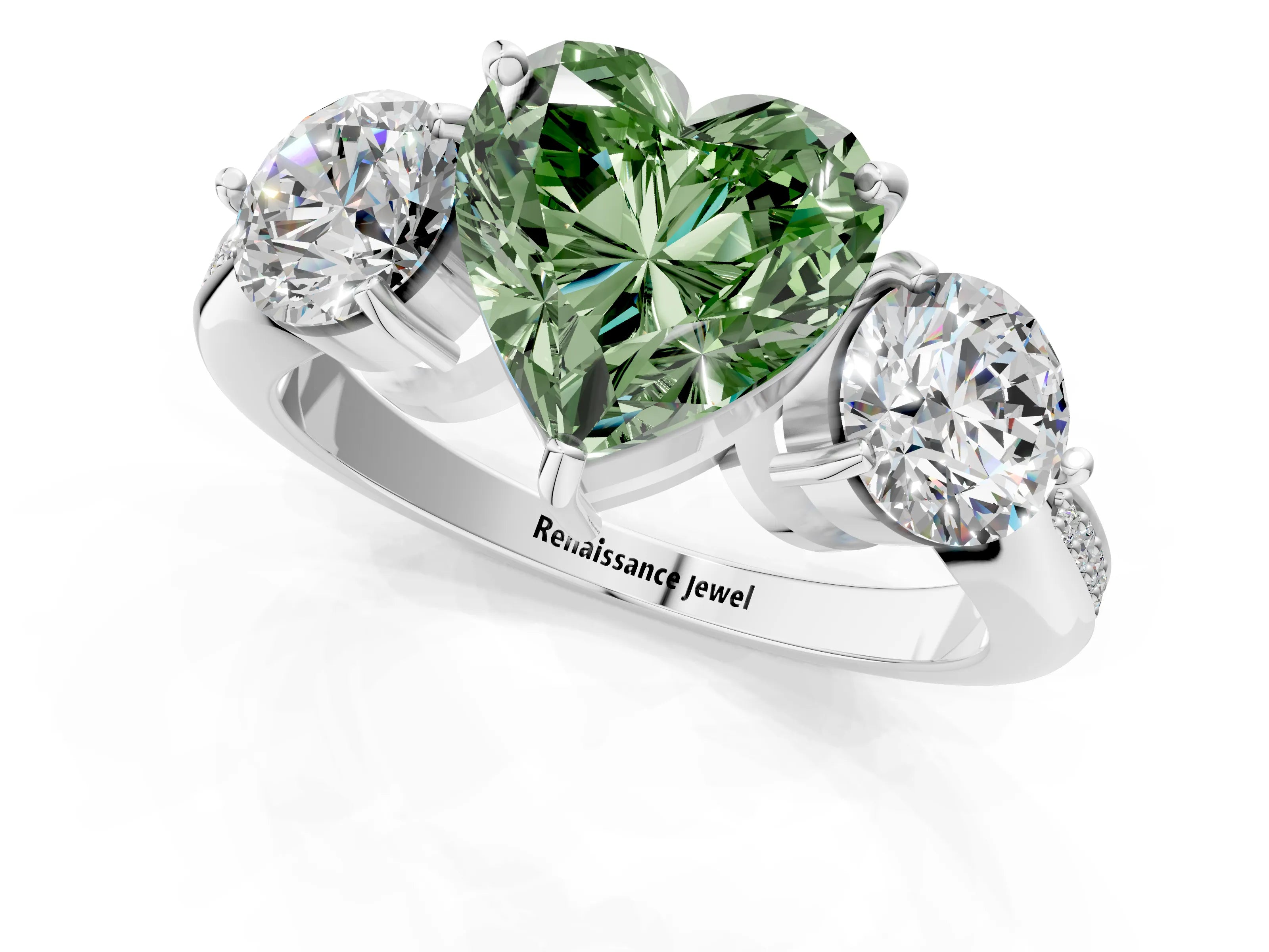 White gold Three-Stone Fancy Green Heart Cut Diamond Channel Set Engagement Ring with Prong Setting_13