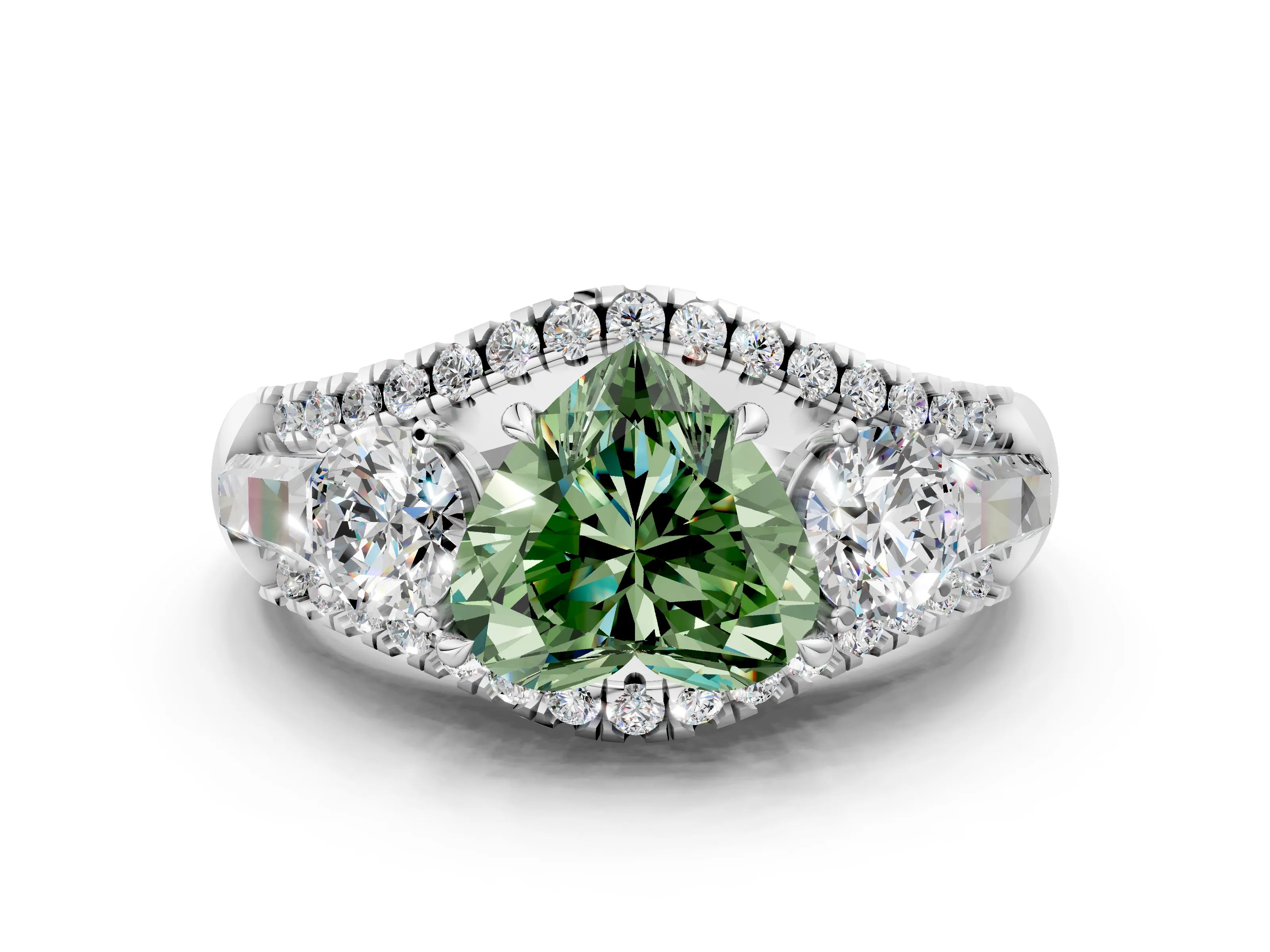 White gold Three-Stone Fancy Green Heart Cut Diamond Engagement Ring with Pave Band and Prong Setting_12