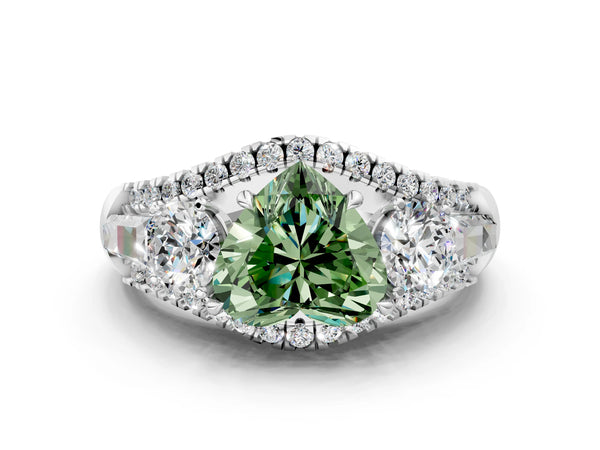 White gold Three-Stone Fancy Green Heart Cut Diamond Engagement Ring with Pave Band and Prong Setting