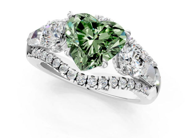 White gold Three-Stone Fancy Green Heart Cut Diamond Engagement Ring with Pave Band and Prong Setting