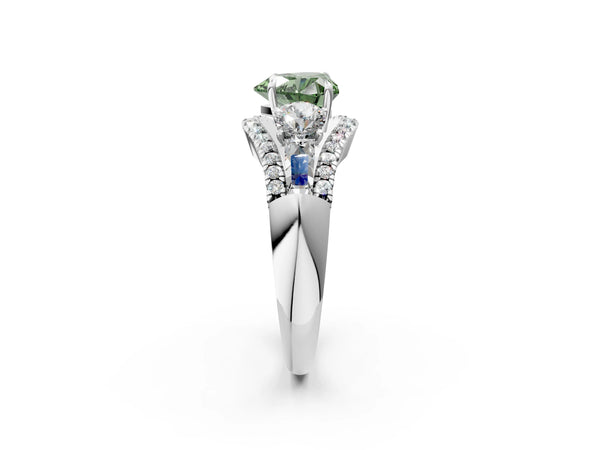 White gold Three-Stone Fancy Green Heart Cut Diamond Engagement Ring with Pave Band and Prong Setting