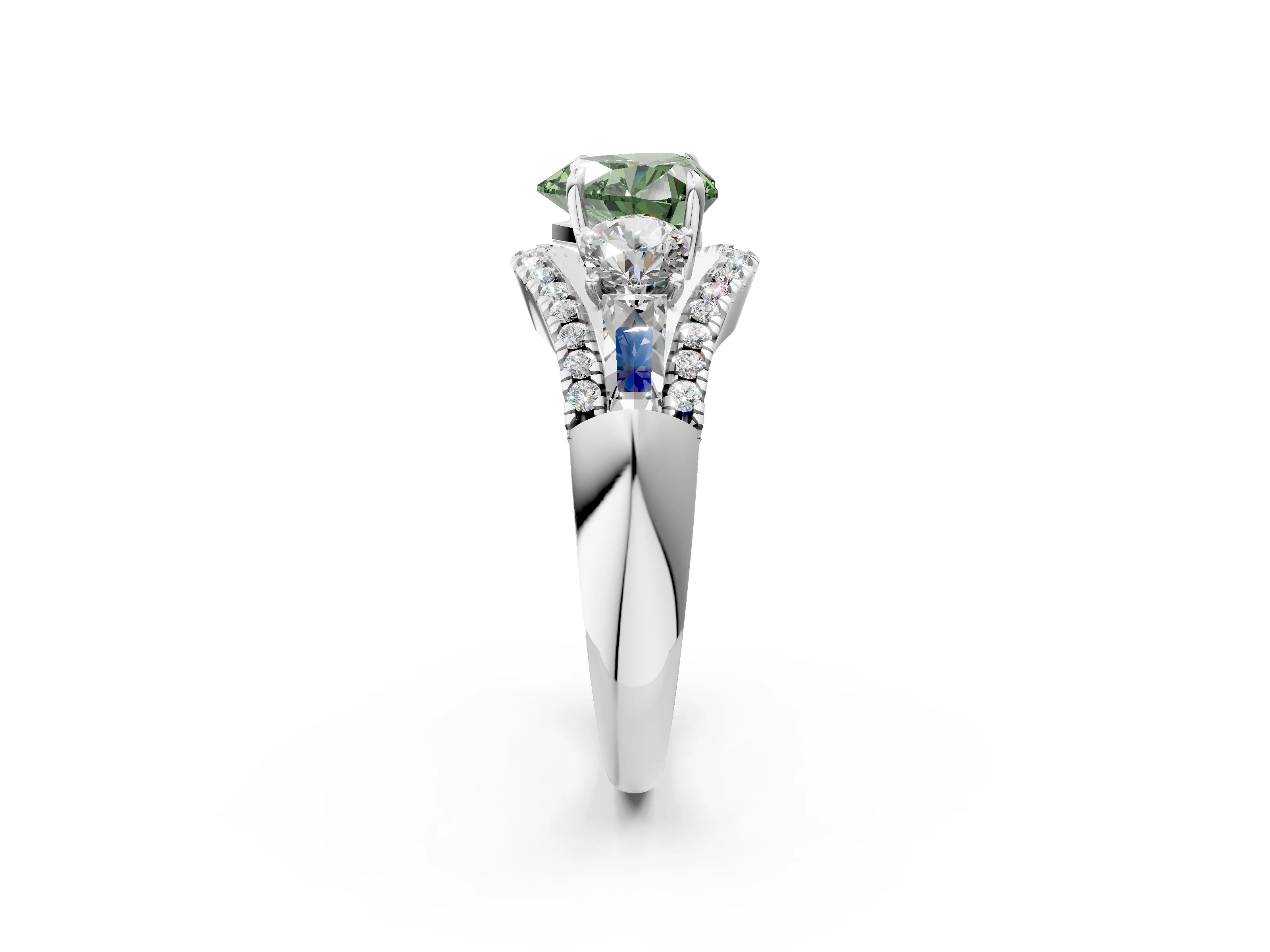 White gold Three-Stone Fancy Green Heart Cut Diamond Engagement Ring with Pave Band and Prong Setting_14