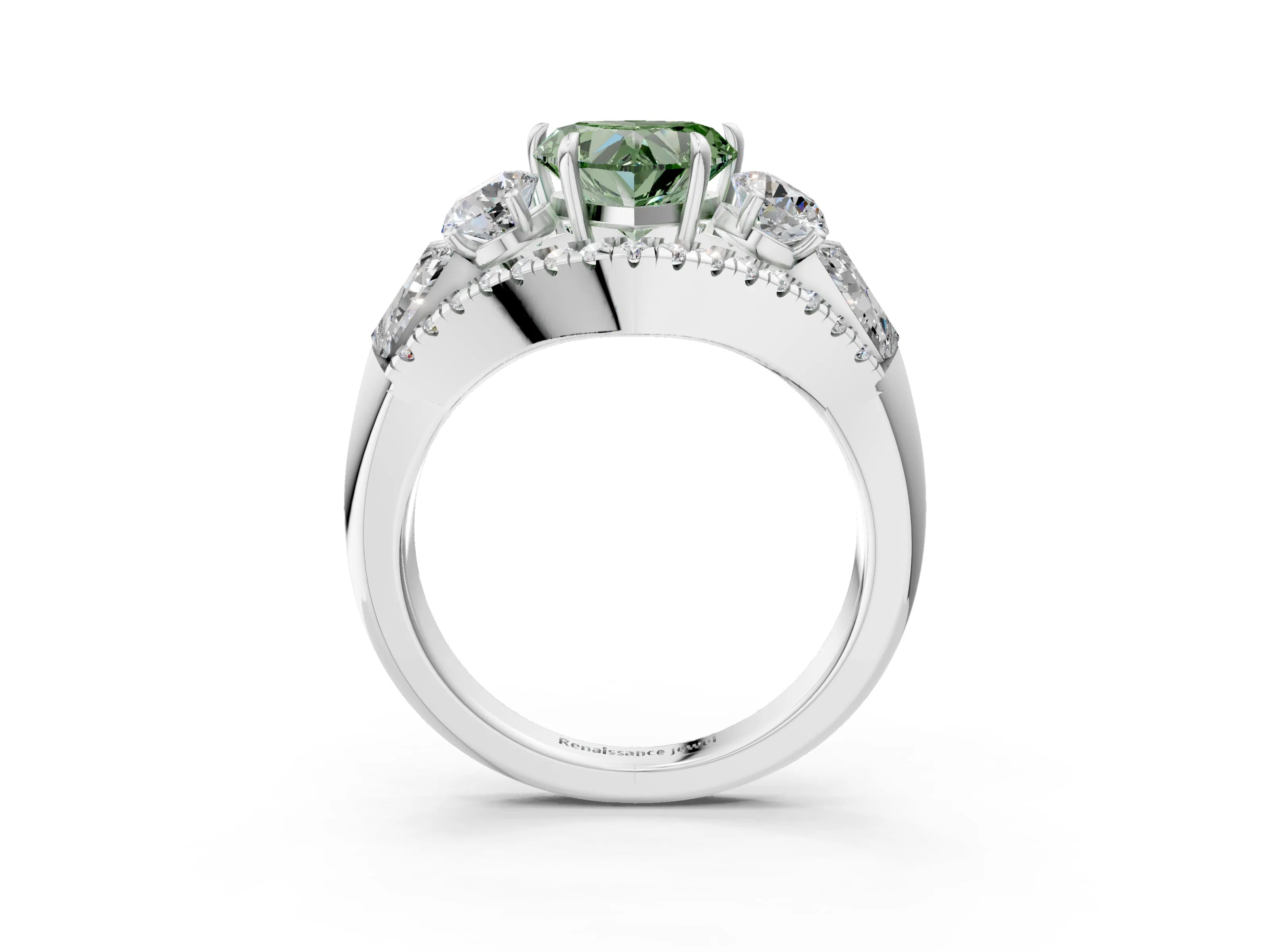 White gold Three-Stone Fancy Green Heart Cut Diamond Engagement Ring with Pave Band and Prong Setting_15