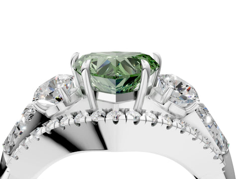 White gold Three-Stone Fancy Green Heart Cut Diamond Engagement Ring with Pave Band and Prong Setting_16
