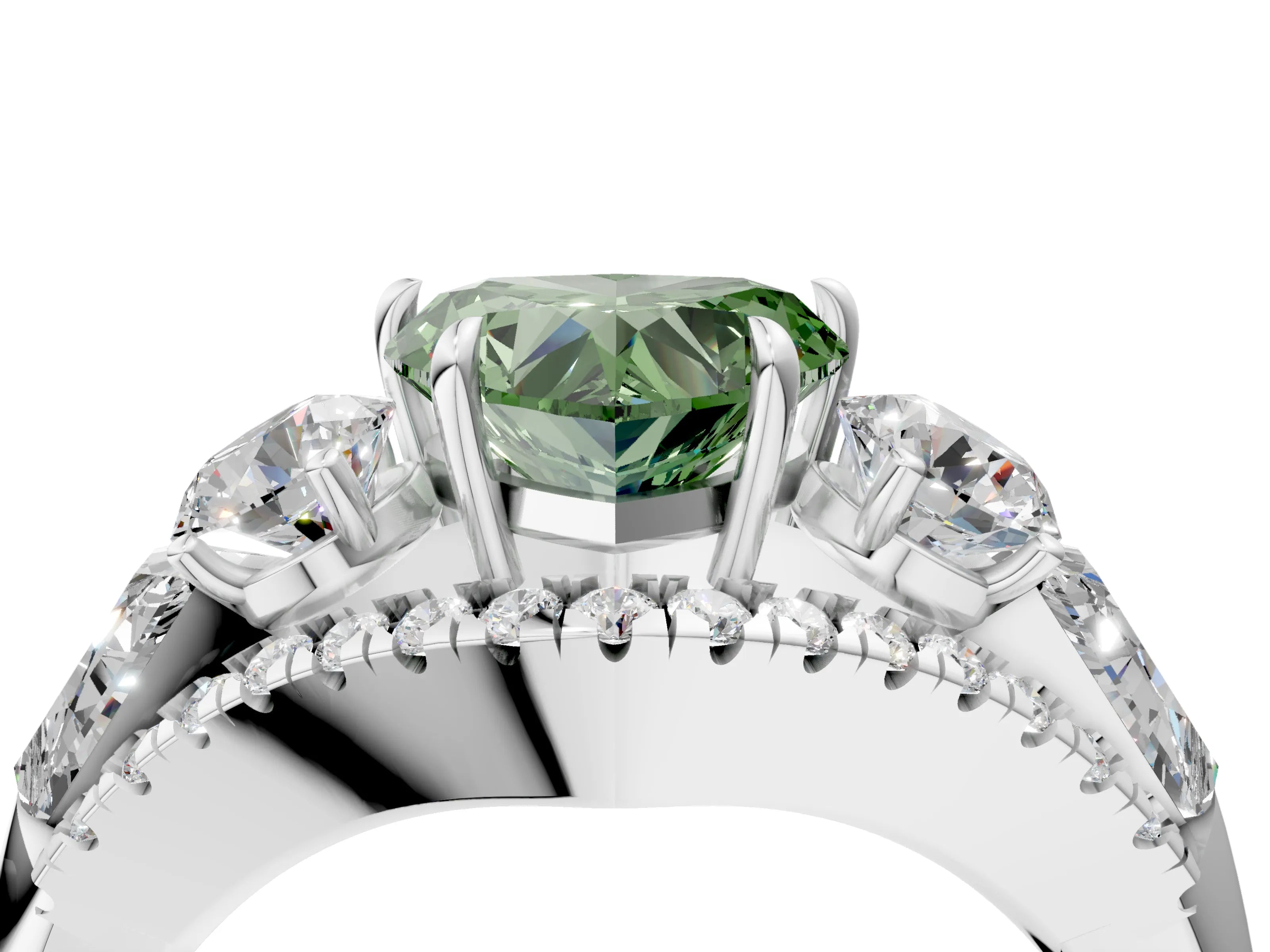 White gold Three-Stone Fancy Green Heart Cut Diamond Engagement Ring with Pave Band and Prong Setting_16