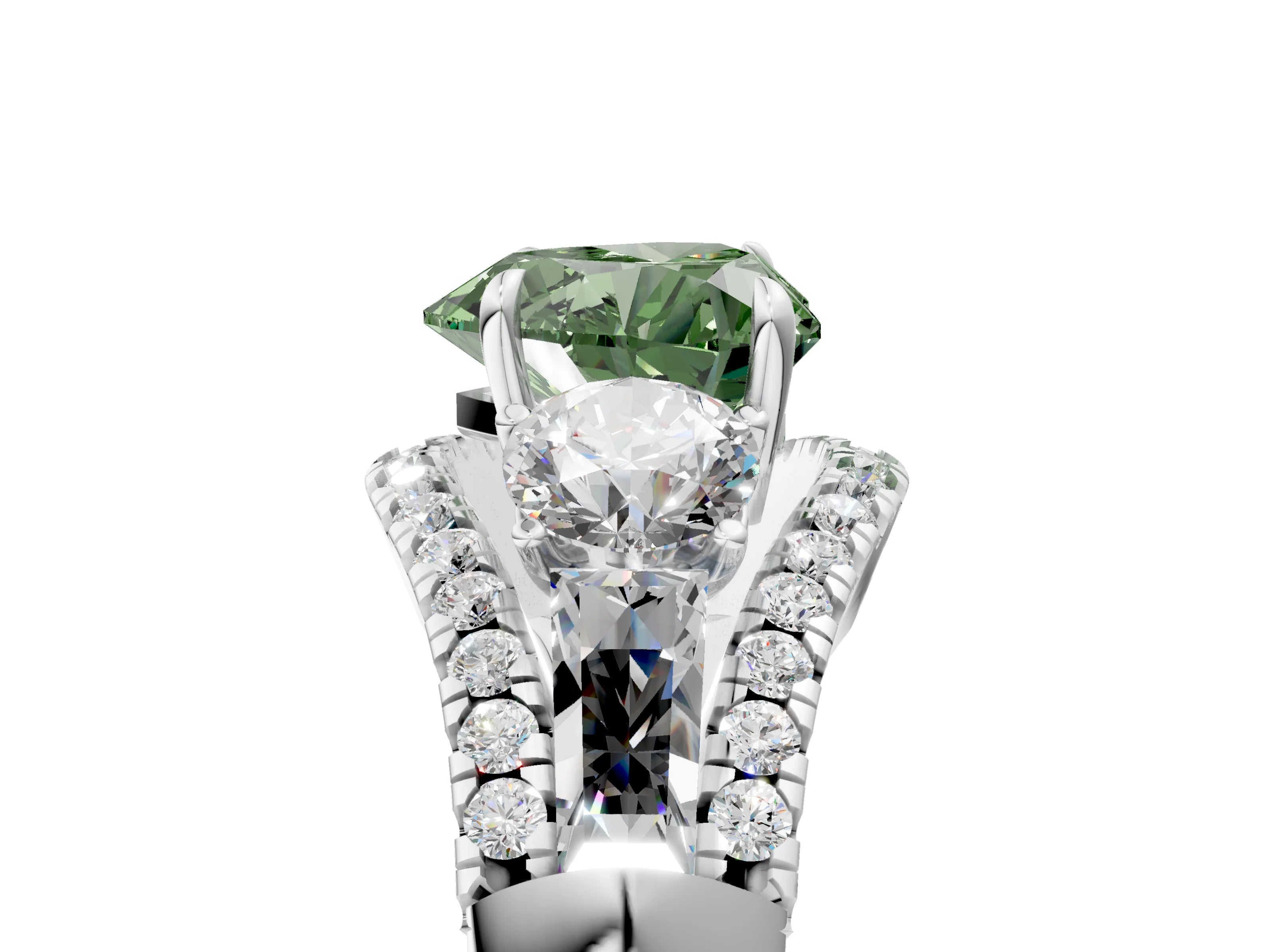 White gold Three-Stone Fancy Green Heart Cut Diamond Engagement Ring with Pave Band and Prong Setting_17