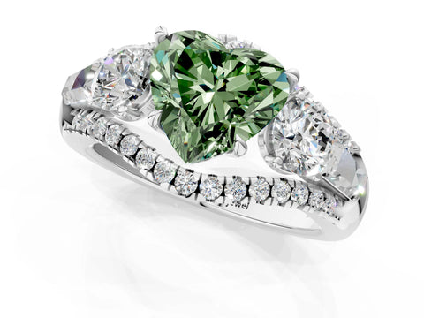 White gold Three-Stone Fancy Green Heart Cut Diamond Engagement Ring with Pave Band and Prong Setting_1