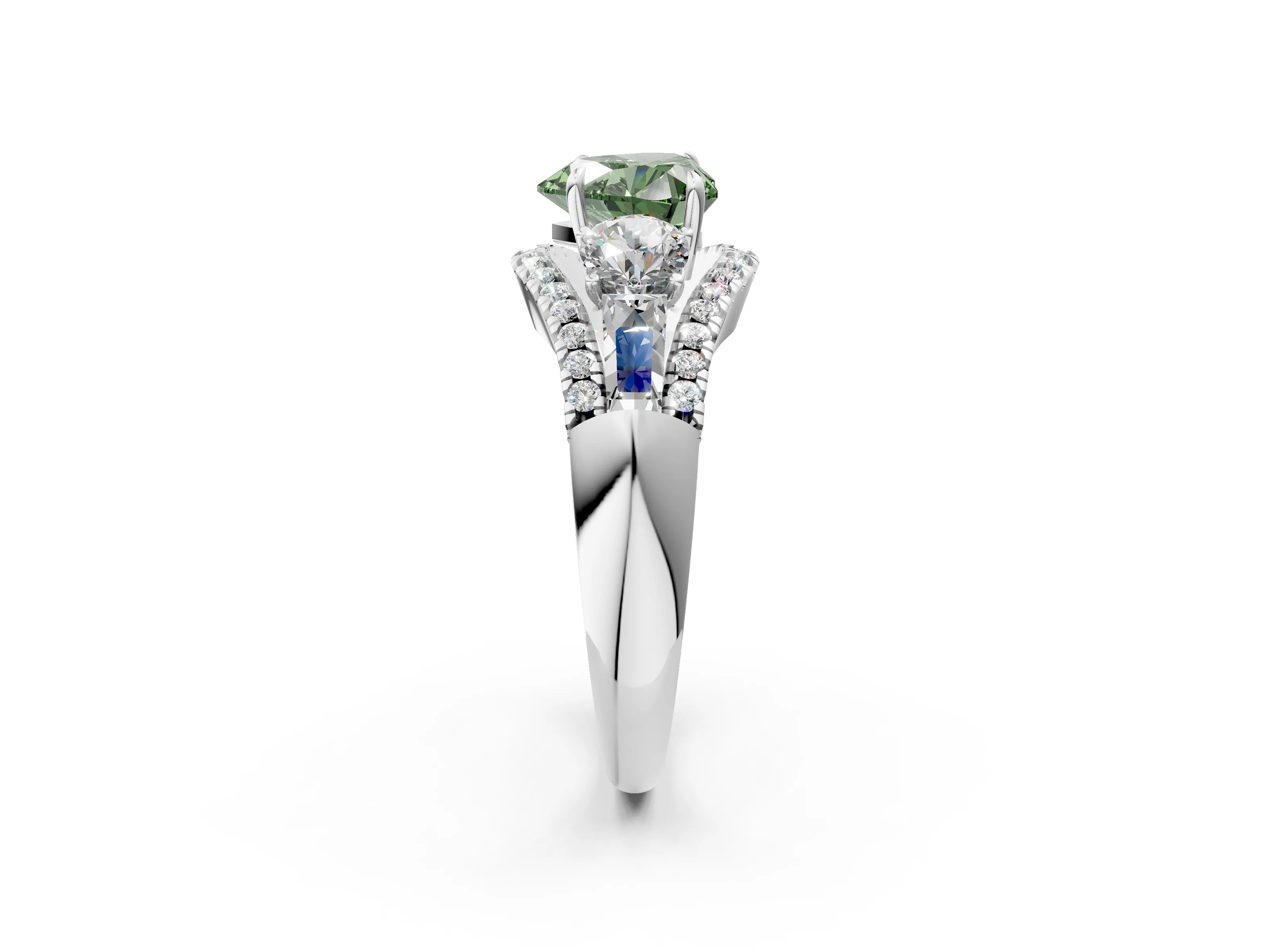 White gold Three-Stone Fancy Green Heart Cut Diamond Engagement Ring with Pave Band and Prong Setting_2