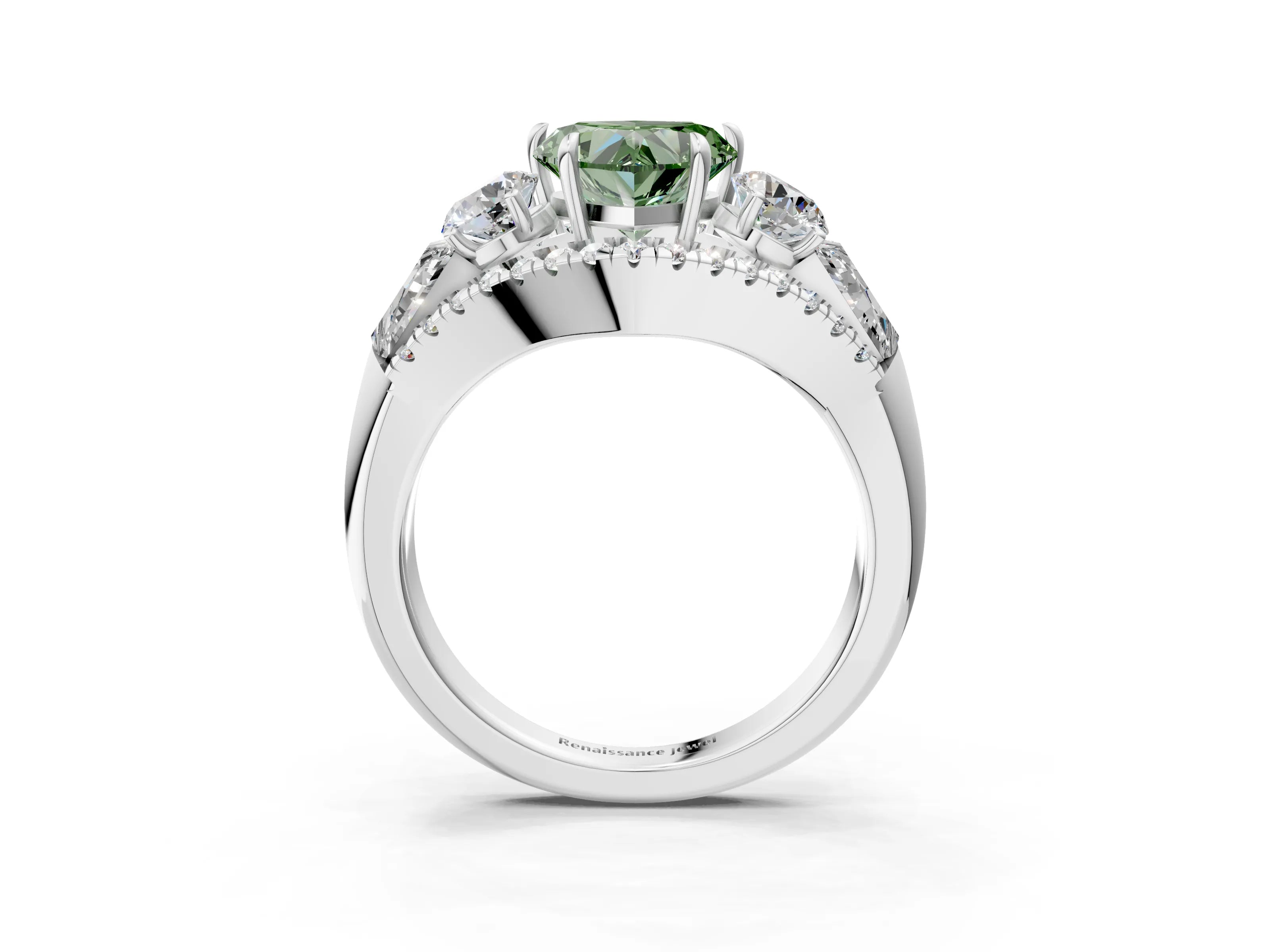 White gold Three-Stone Fancy Green Heart Cut Diamond Engagement Ring with Pave Band and Prong Setting_3