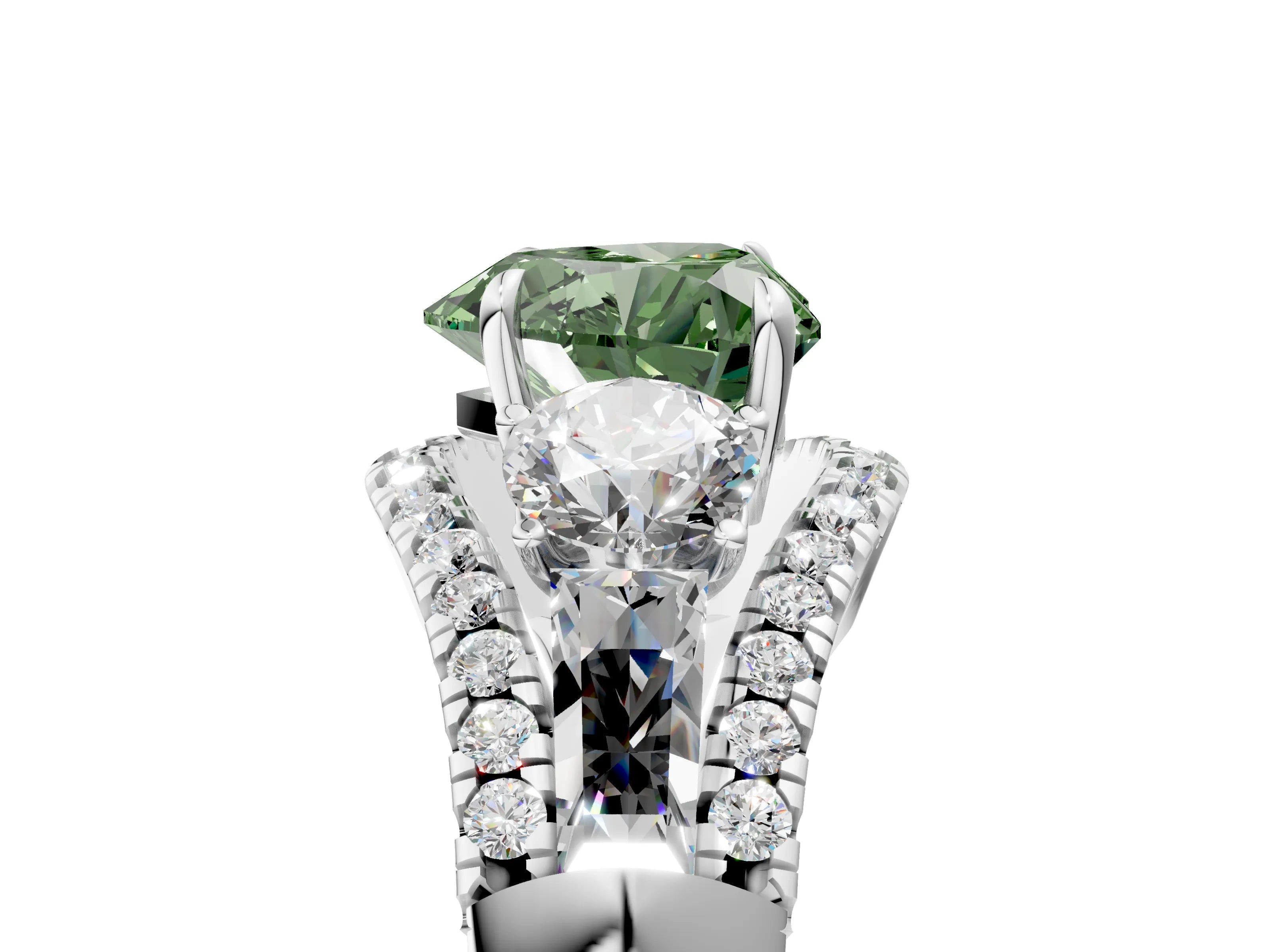 White gold Three-Stone Fancy Green Heart Cut Diamond Engagement Ring with Pave Band and Prong Setting_5