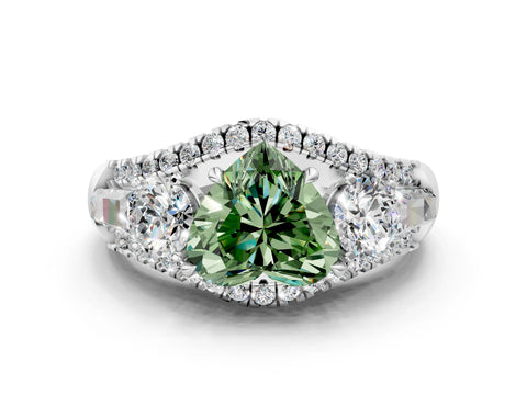 White gold Three-Stone Fancy Green Heart Cut Diamond Engagement Ring with Pave Band and Prong Setting
