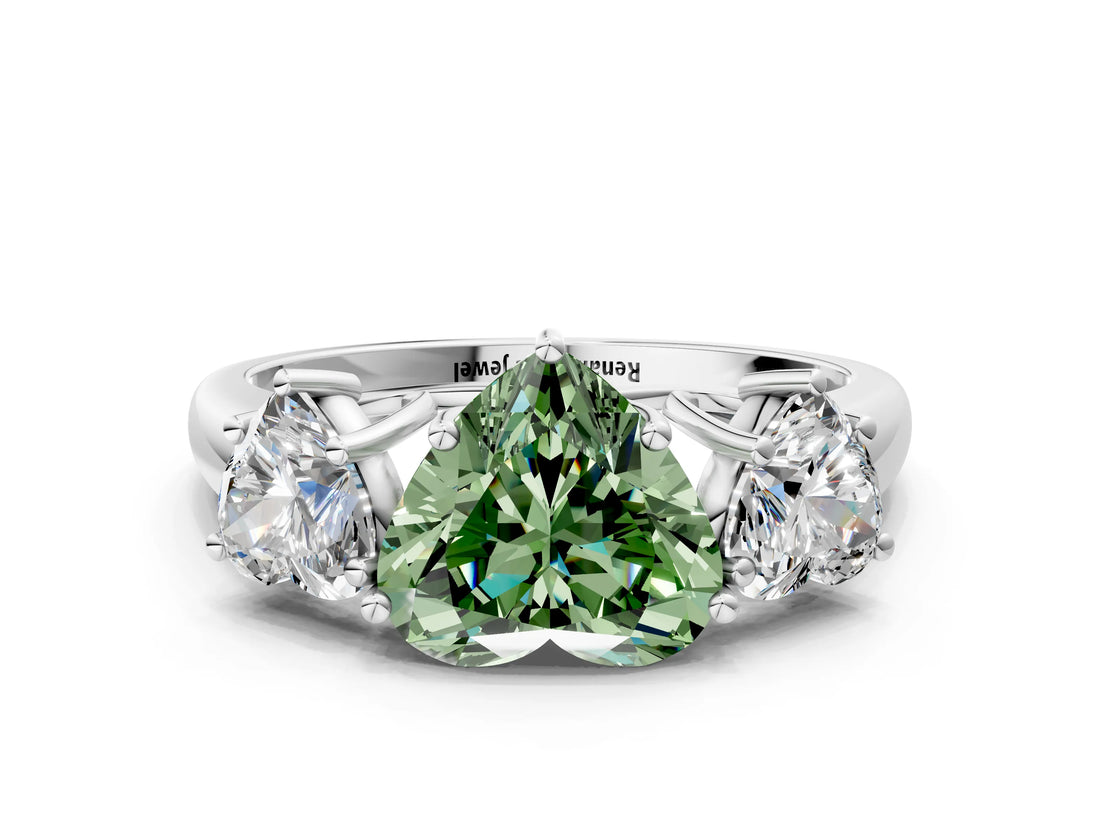 White gold Three-Stone Fancy Green Heart Cut Diamond Engagement Ring with Prong Setting_15
