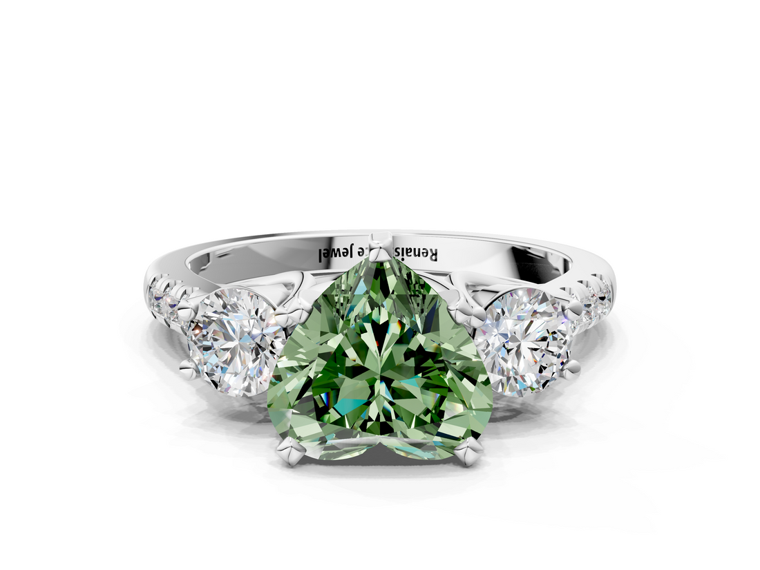 White gold Three-Stone Fancy Green Heart  Cut Diamond Pavé Band with Four-Prong Setting_11