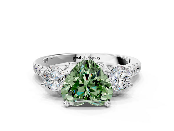 White gold Three-Stone Fancy Green Heart Cut Diamond Pavé Band with Four-Prong Setting