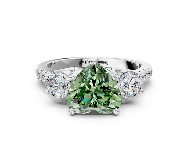 White gold Three-Stone Fancy Green Heart Cut Diamond Pavé Band with Four-Prong Setting