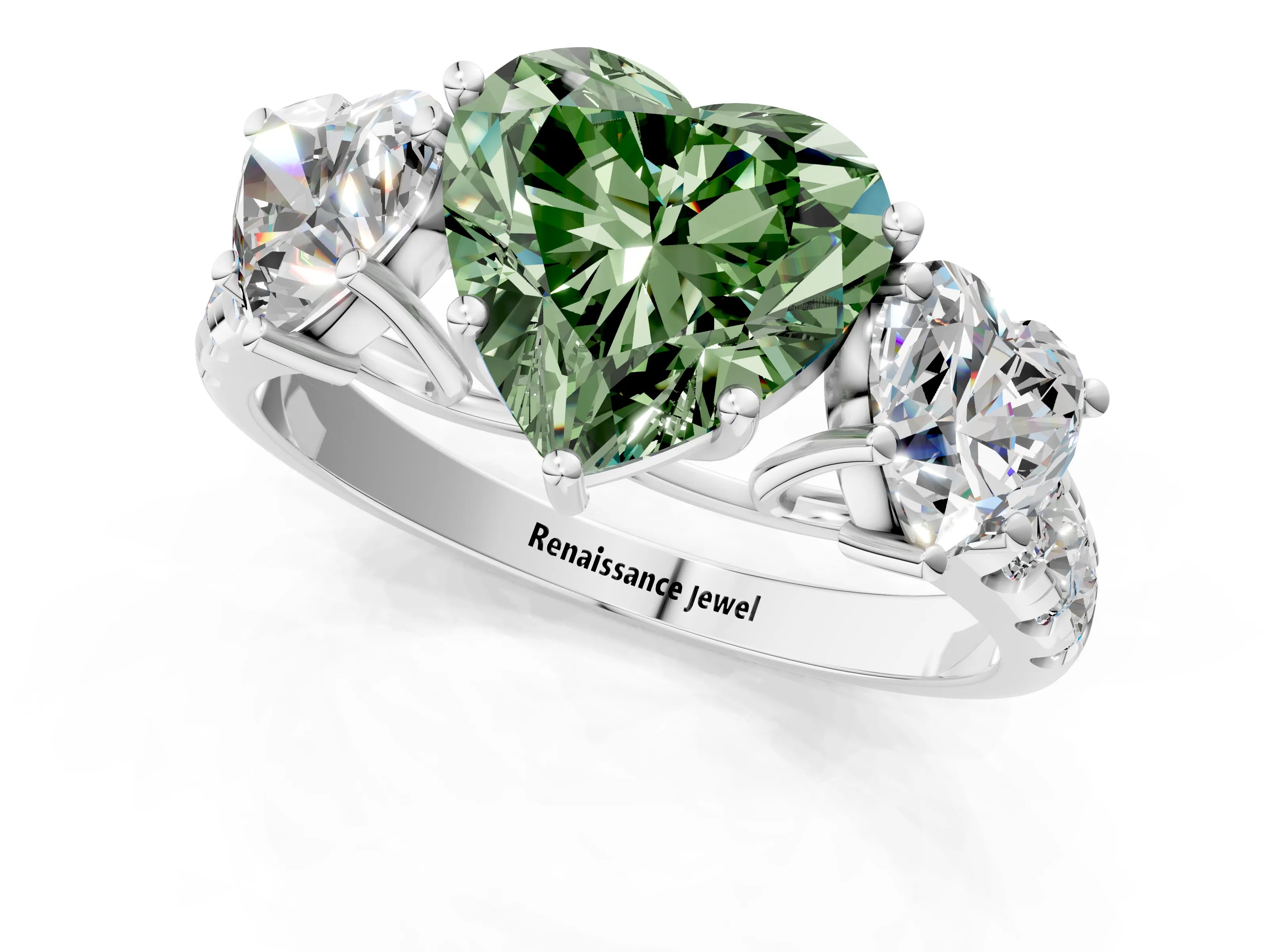 White gold Three-Stone Fancy Green Heart Cut Diamond Pavé Band with Prong Setting_13