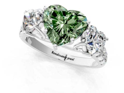 White gold Three-Stone Fancy Green Heart Cut Diamond Pavé Band with Prong Setting_13