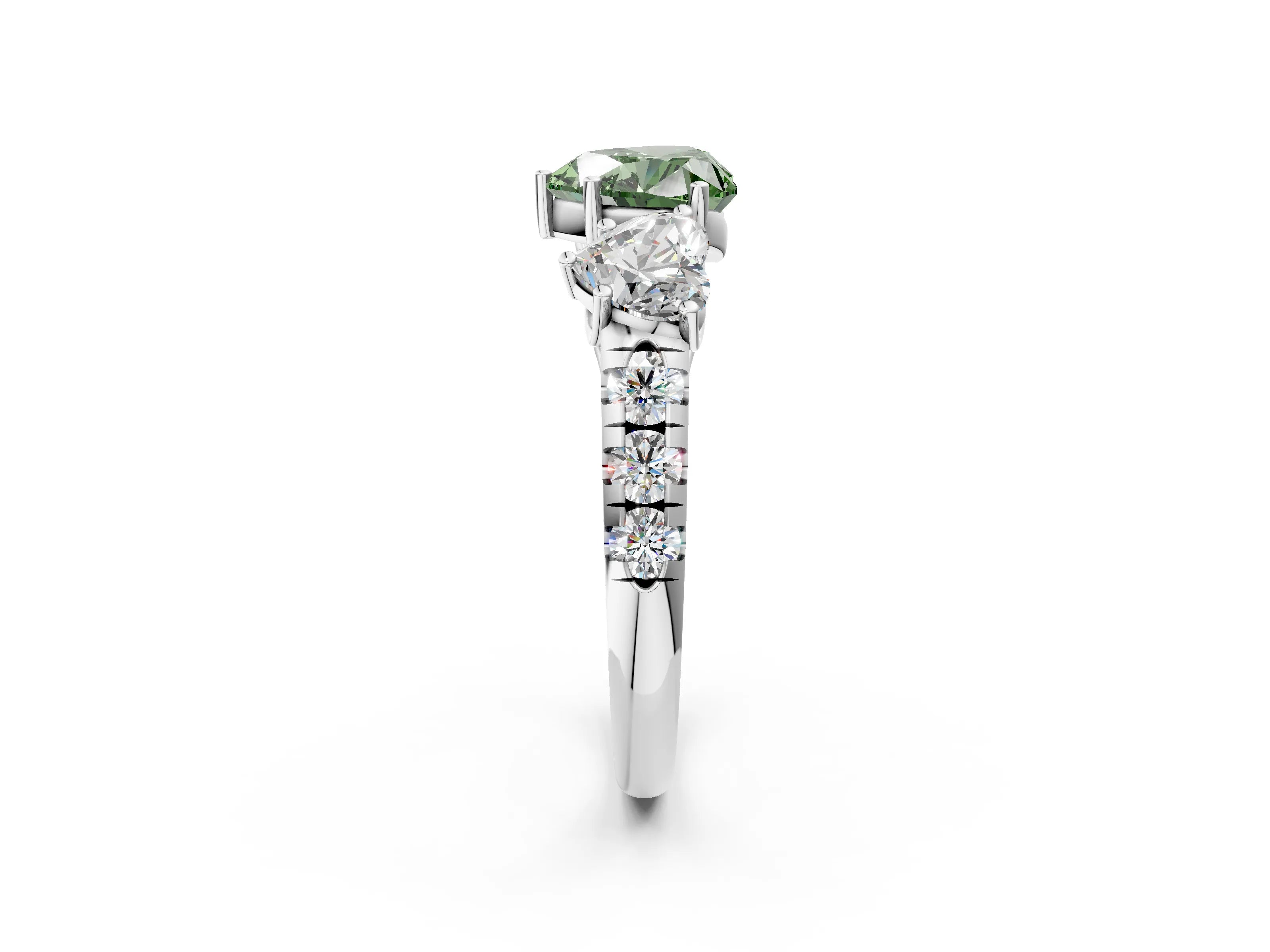 White gold Three-Stone Fancy Green Heart Cut Diamond Pavé Band with Prong Setting_14