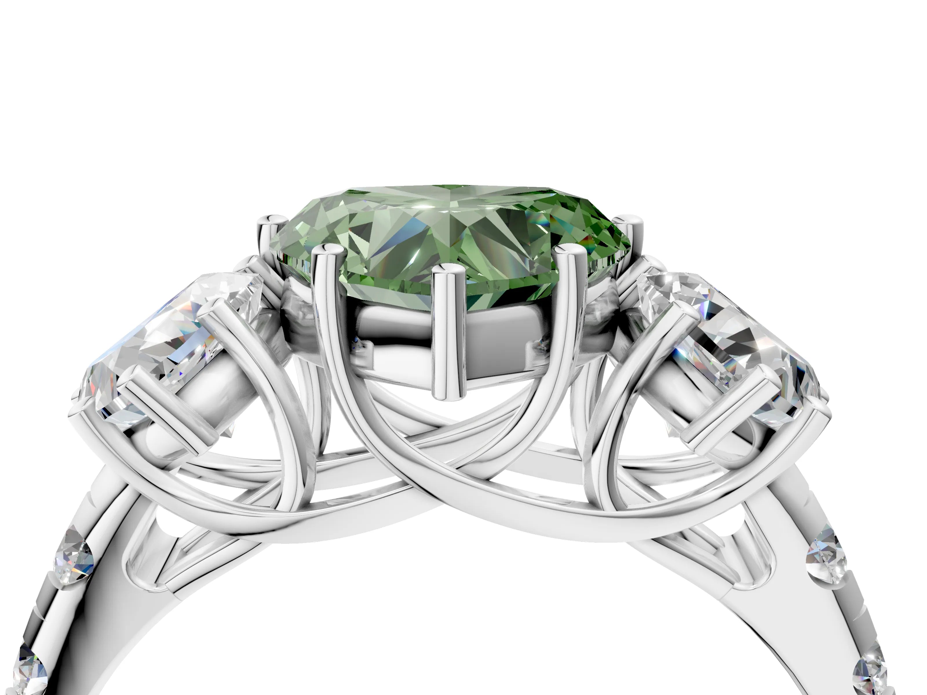 White gold Three-Stone Fancy Green Heart Cut Diamond Pavé Band with Prong Setting_16