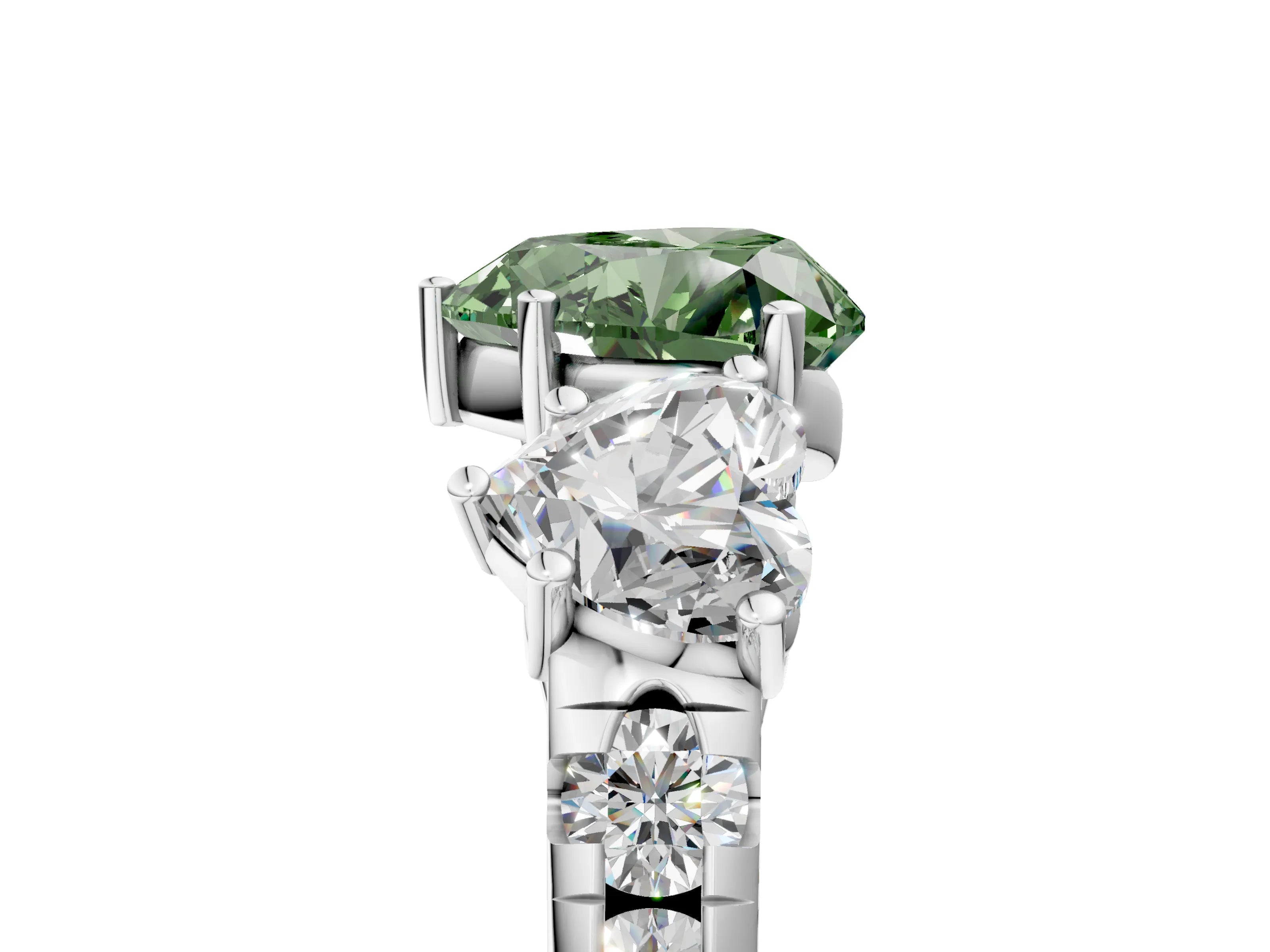 White gold Three-Stone Fancy Green Heart Cut Diamond Pavé Band with Prong Setting_17