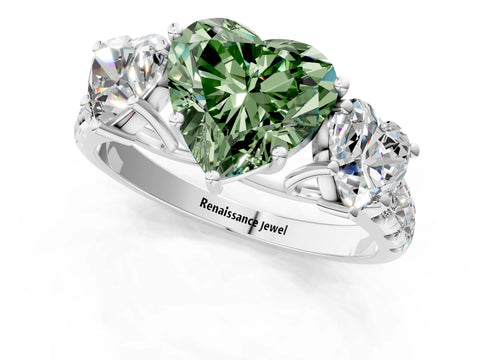 White gold Three-Stone Fancy Green Heart Cut Diamond Pavé Band with Prong Setting_1