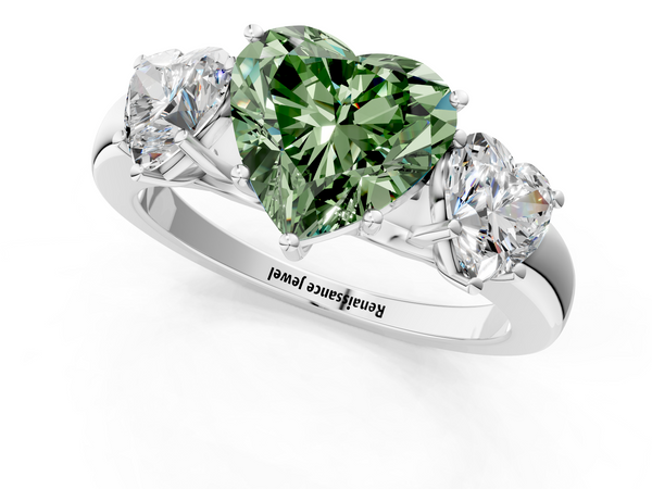 Platinum Fancy Green Heart Cut Diamond Three-Stone Ring with Four-Prong Setting and Classic Band