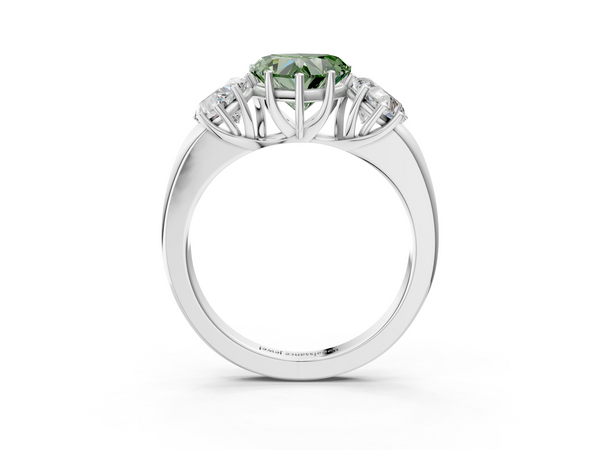 Platinum Fancy Green Heart Cut Diamond Three-Stone Ring with Four-Prong Setting and Classic Band