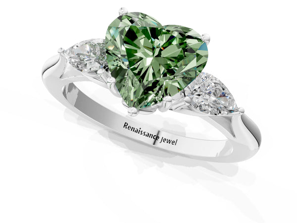 White Gold Heart-Shaped Engagement Ring Setting for Fancy Green Center with Pear Side Stones